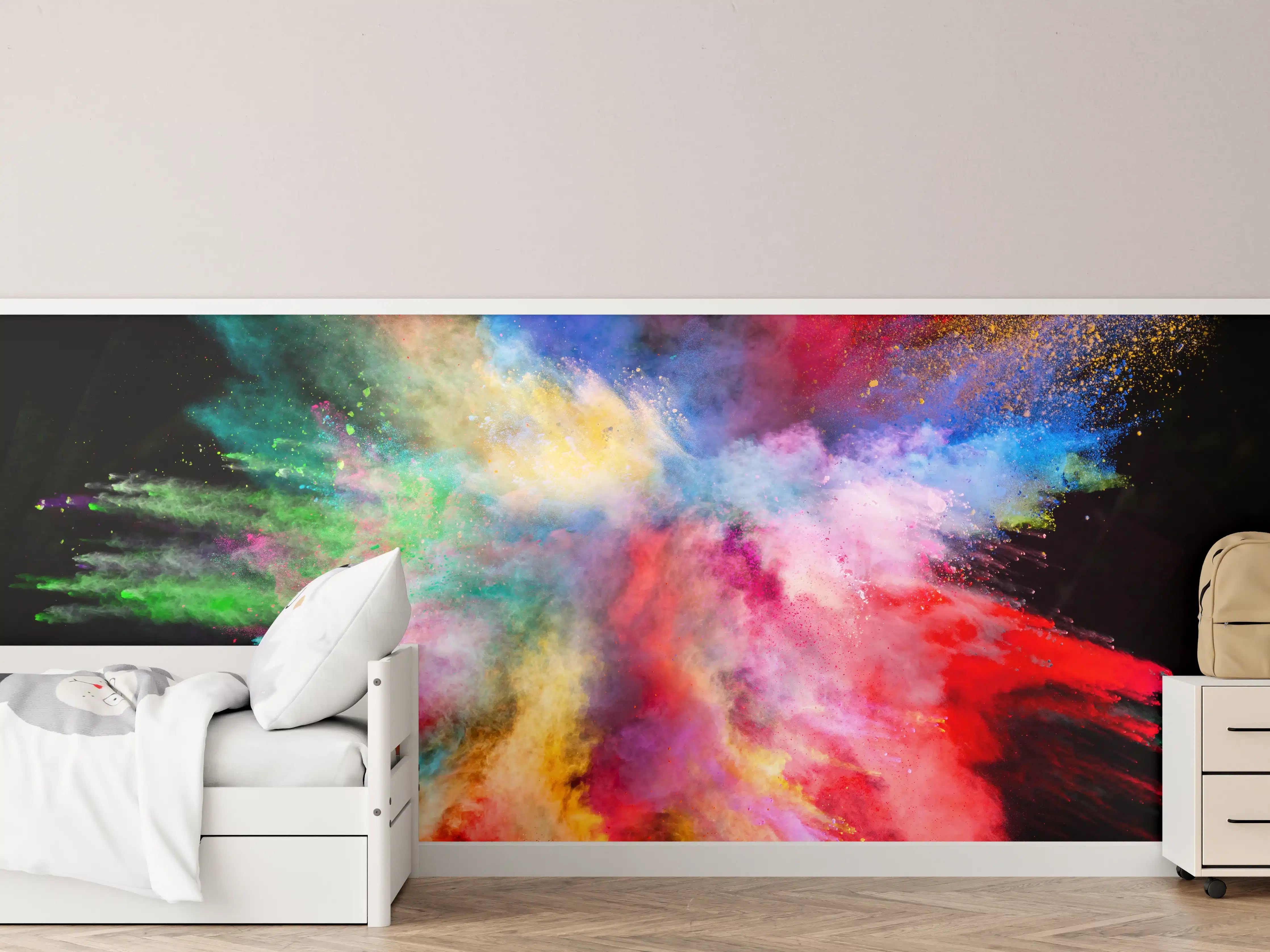 Kinderzimmer Wandgestaltung - Bunte Pulverexplosion auf schwarzem Hintergrund