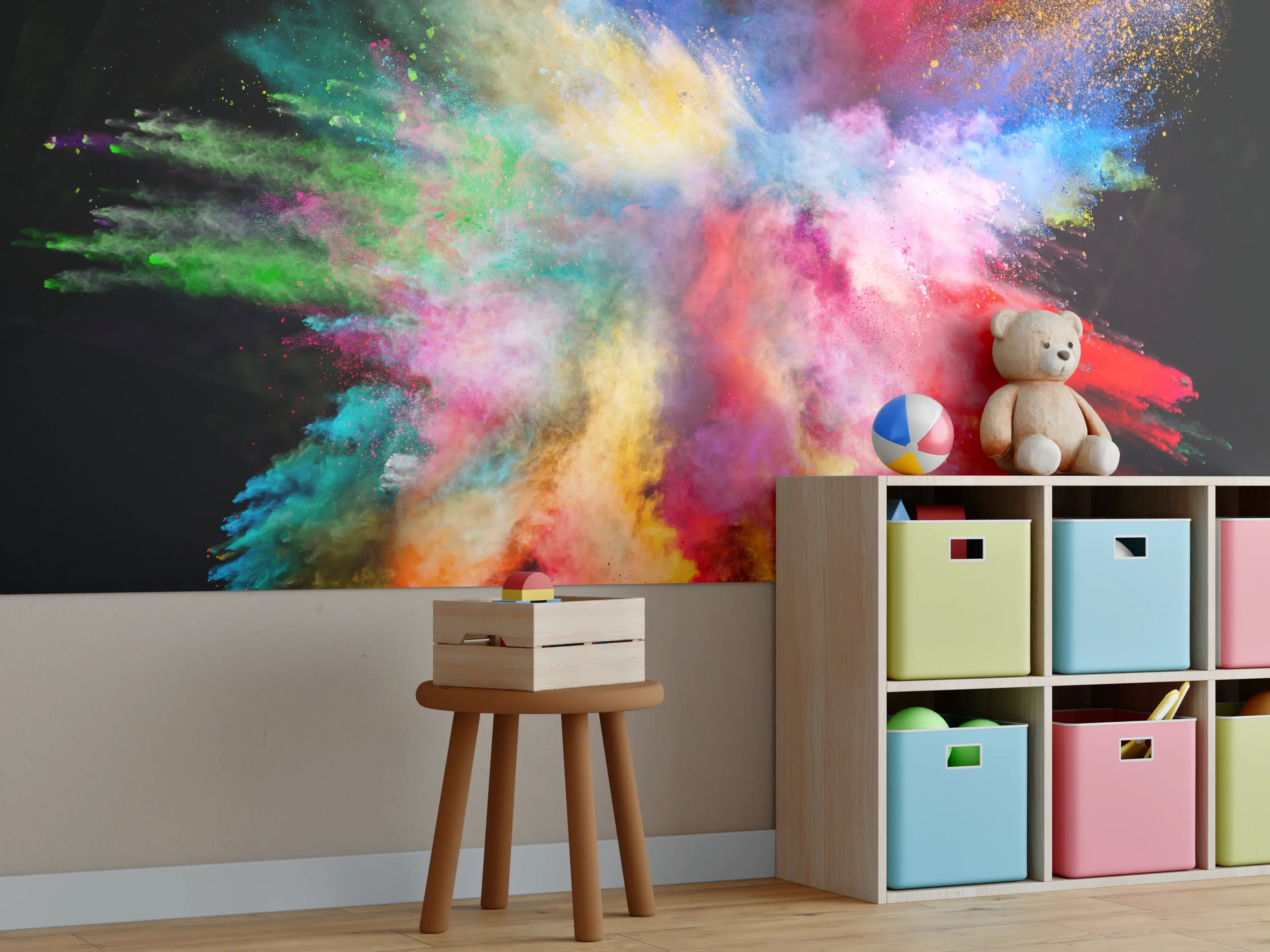 Kinderzimmer Wandgestaltung - Bunte Pulverexplosion auf schwarzem Hintergrund