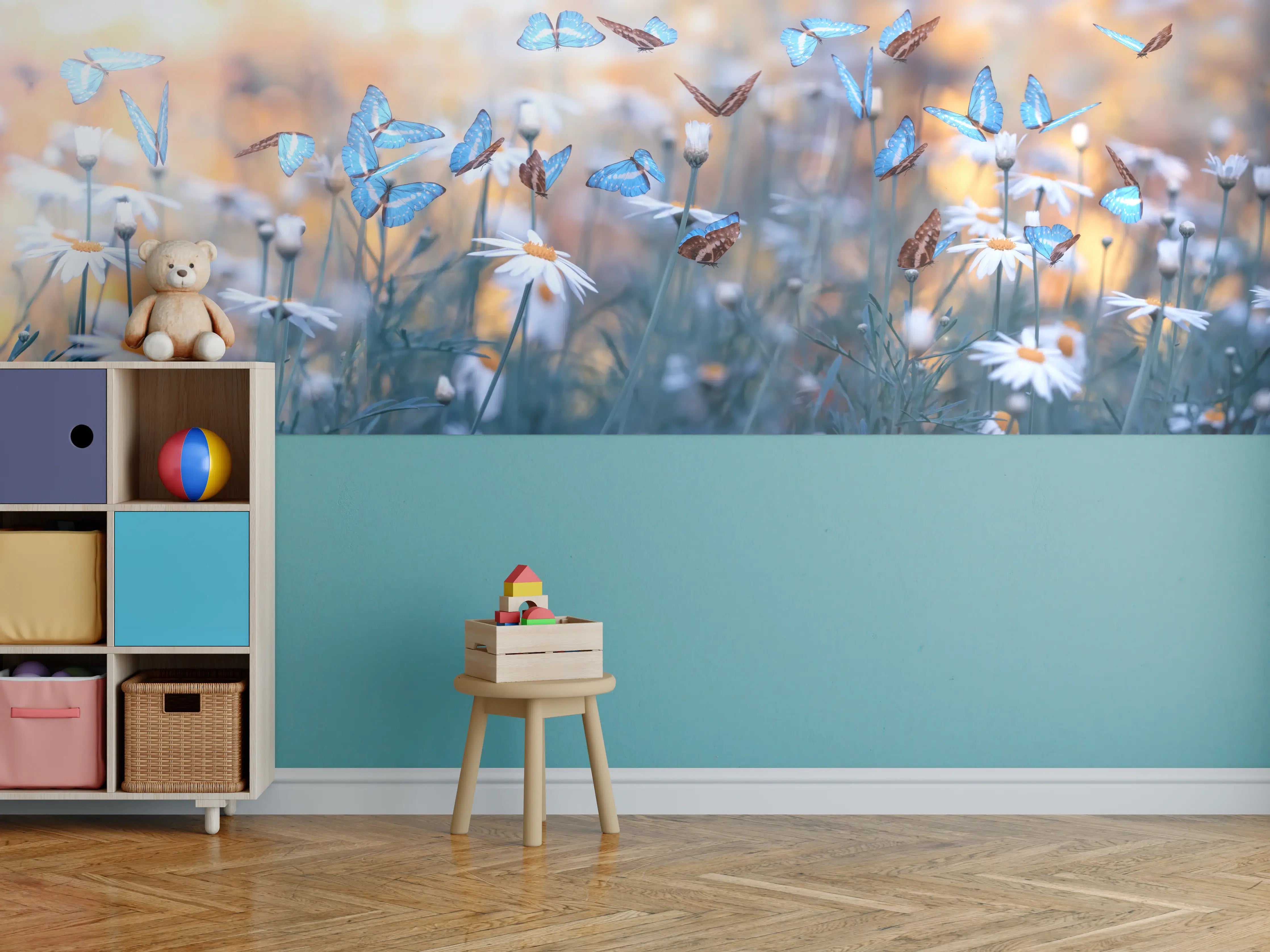 Kinderzimmer Wandgestaltung - Bunte Schmetterlinge auf Blümchen