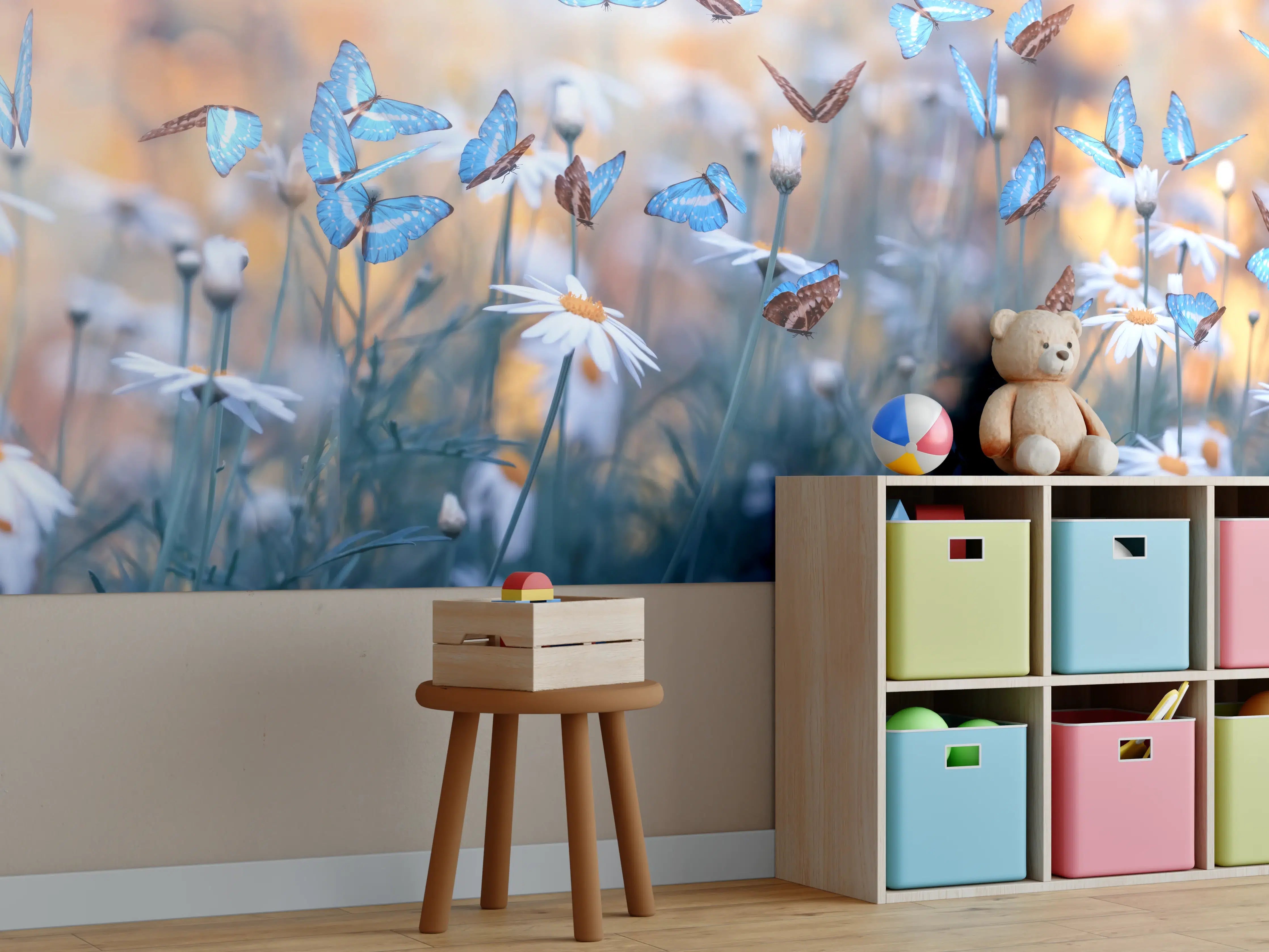 Kinderzimmer Wandgestaltung - Bunte Schmetterlinge auf Blümchen