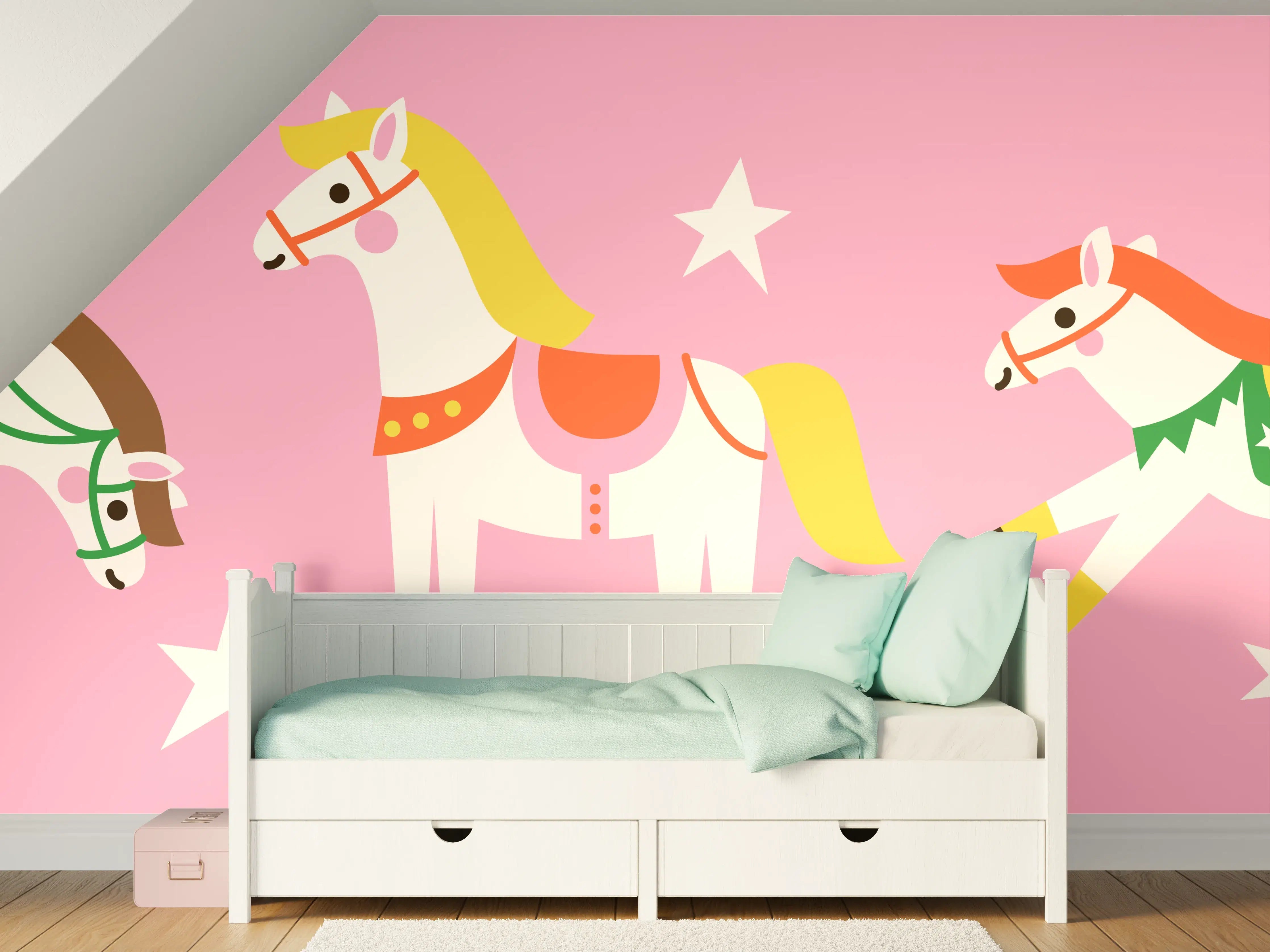 Kinderzimmer Wandgestaltung - Bunte Spielzeugponys auf rosa Hintergrund