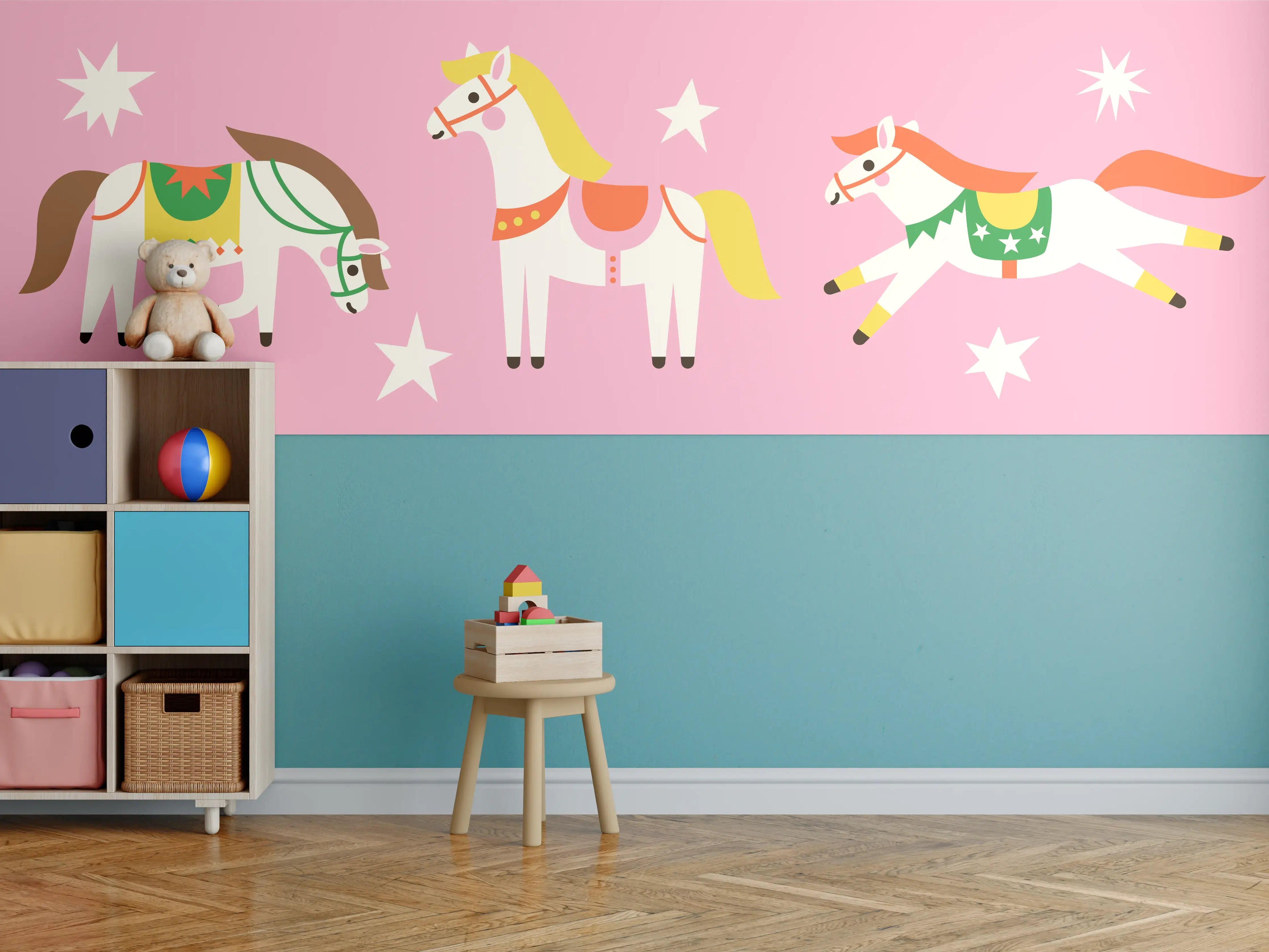 Kinderzimmer Wandgestaltung - Bunte Spielzeugponys auf rosa Hintergrund