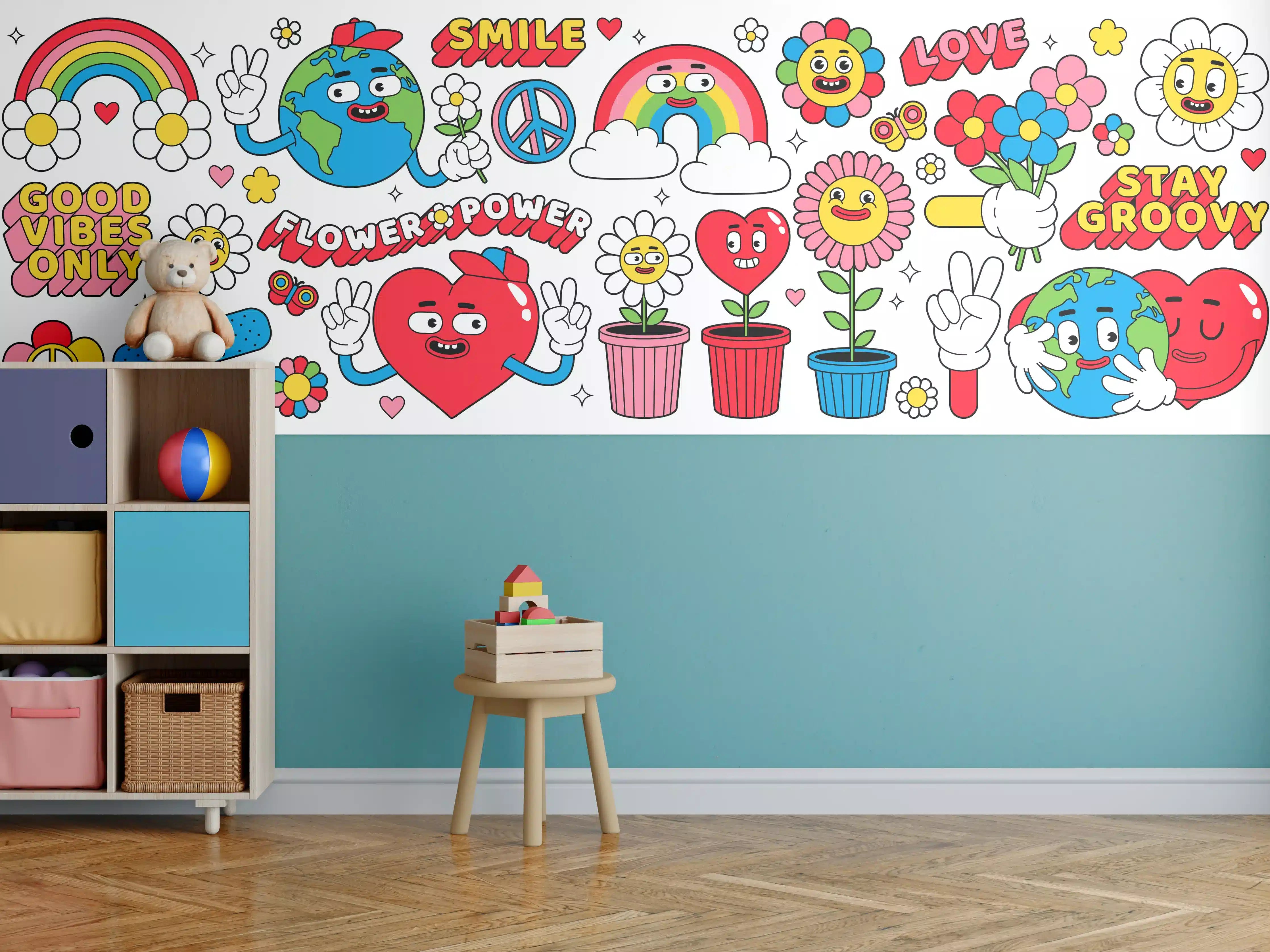 Kinderzimmer Wandgestaltung - Bunte Sticker mit lachenden Blumen und Globus