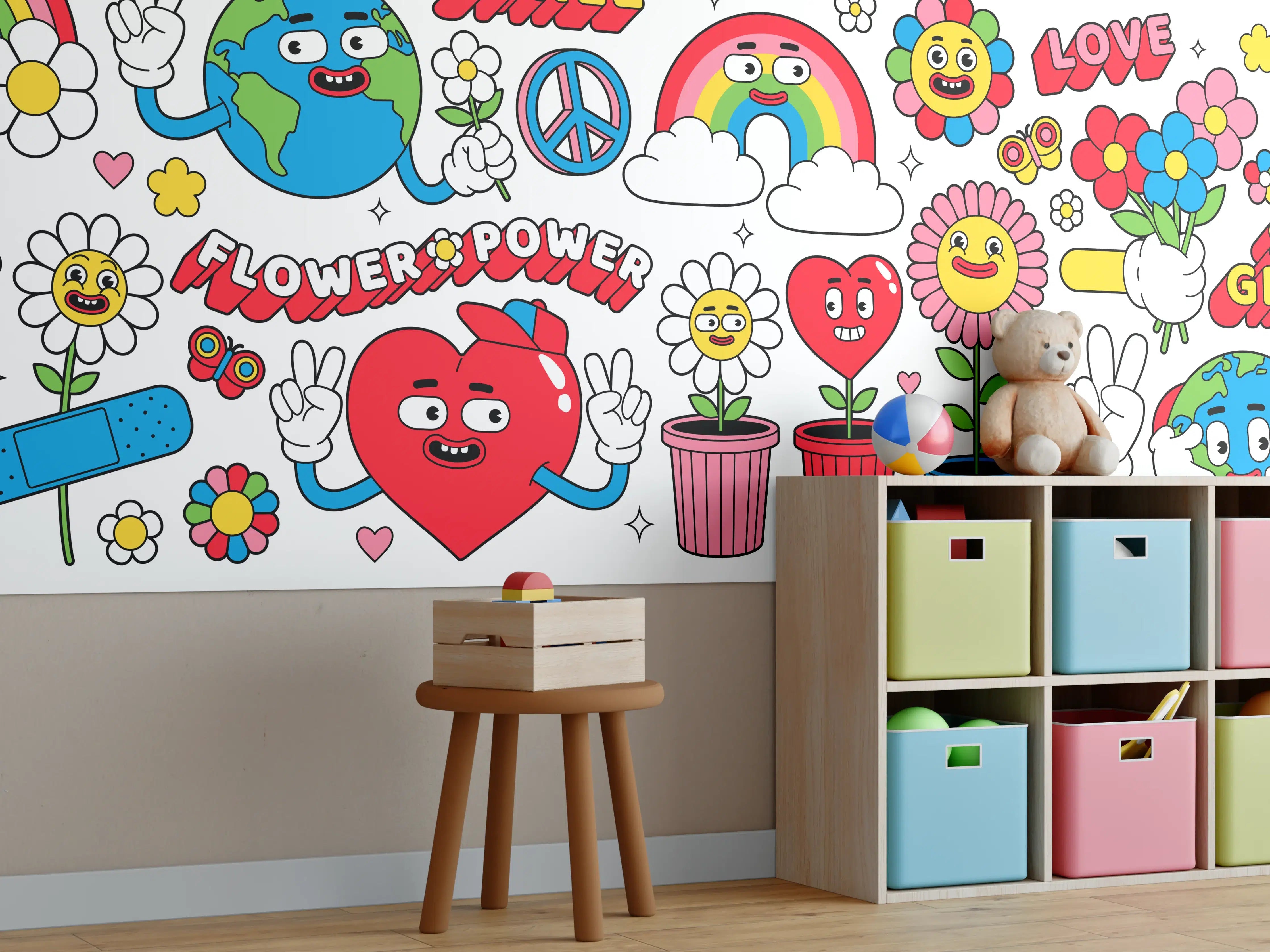 Kinderzimmer Wandgestaltung - Bunte Sticker mit lachenden Blumen und Globus