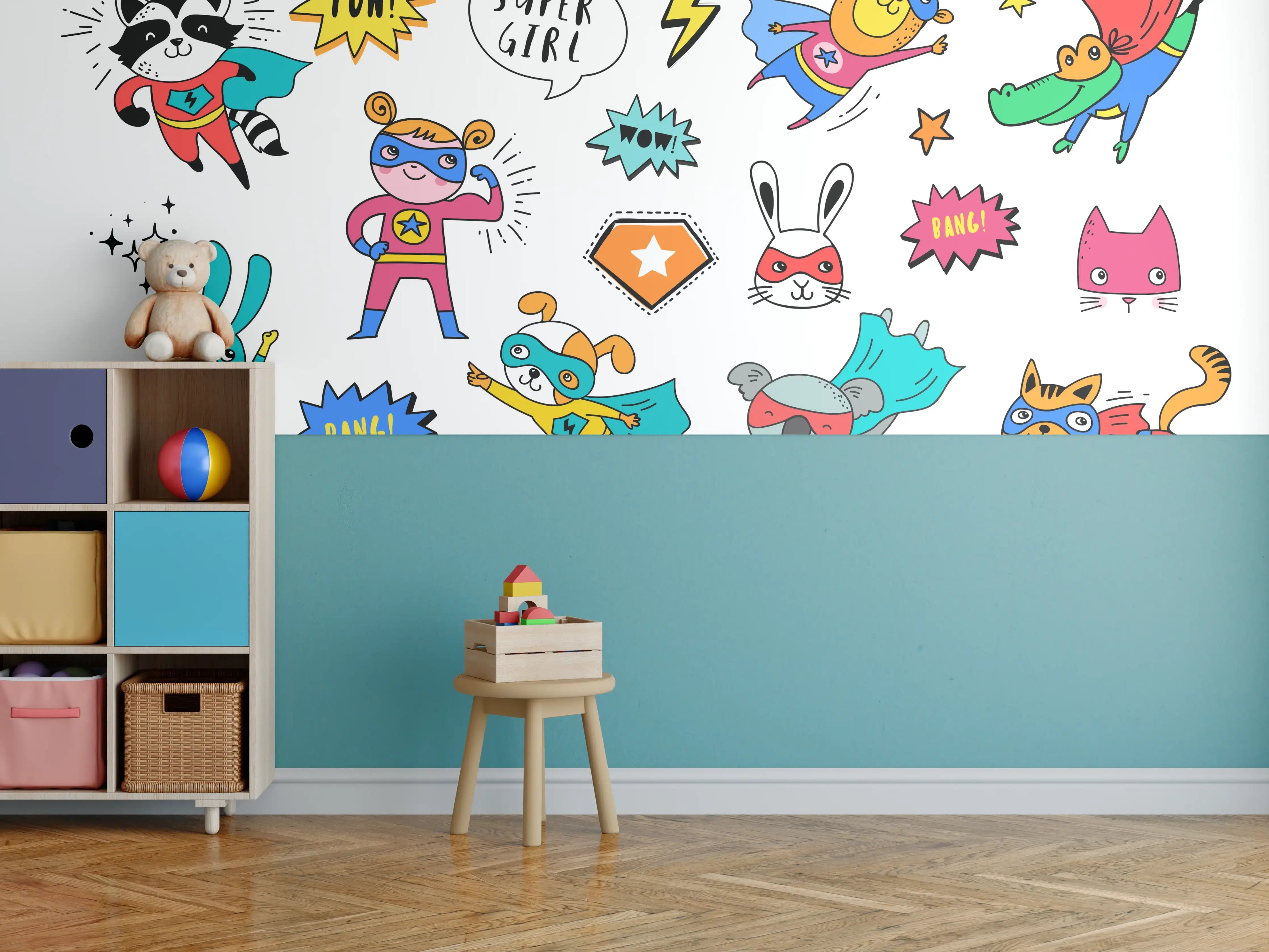 Kinderzimmer Wandgestaltung - Bunte Superhelden Tierillustration