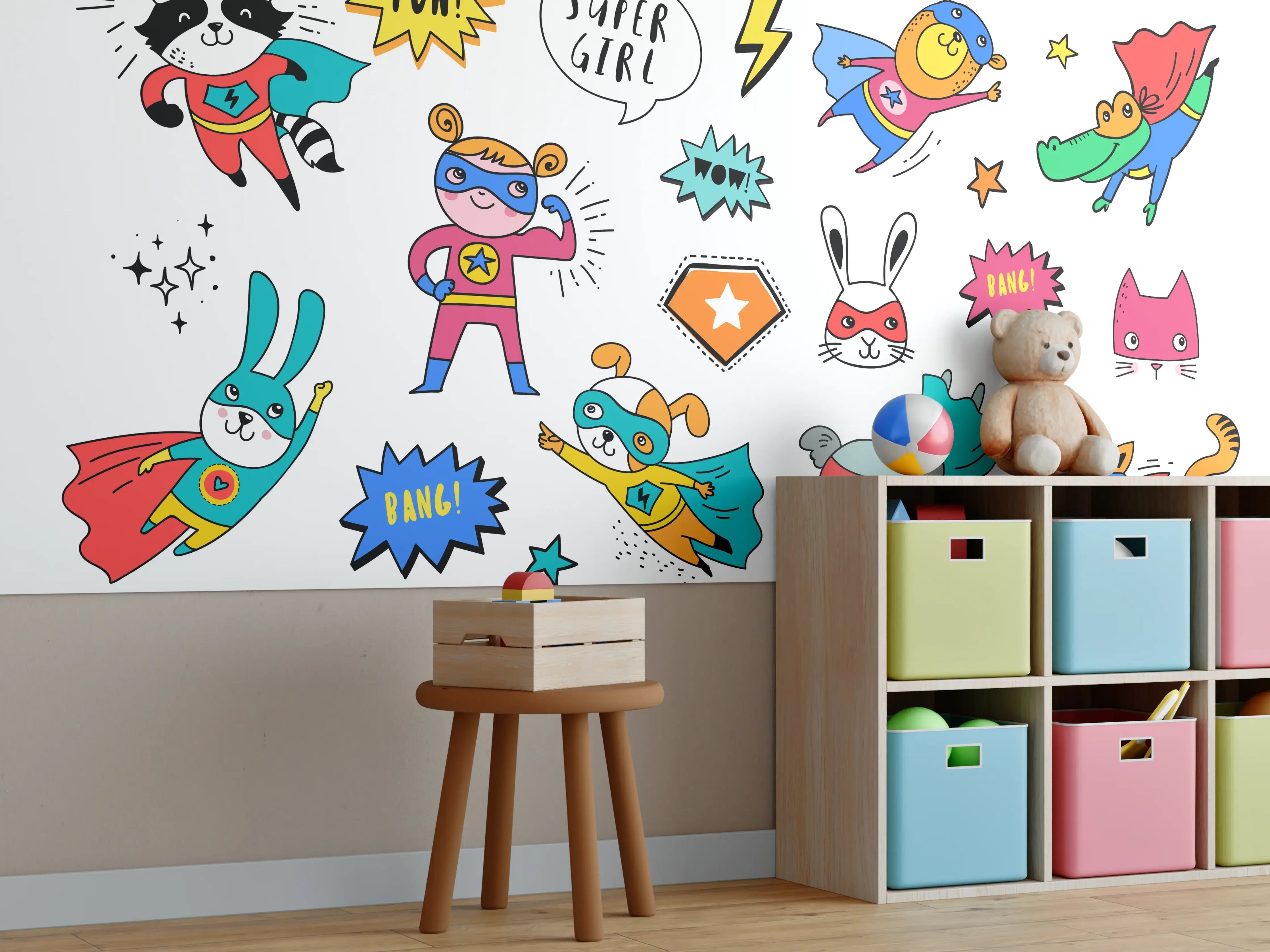 Kinderzimmer Wandgestaltung - Bunte Superhelden Tierillustration