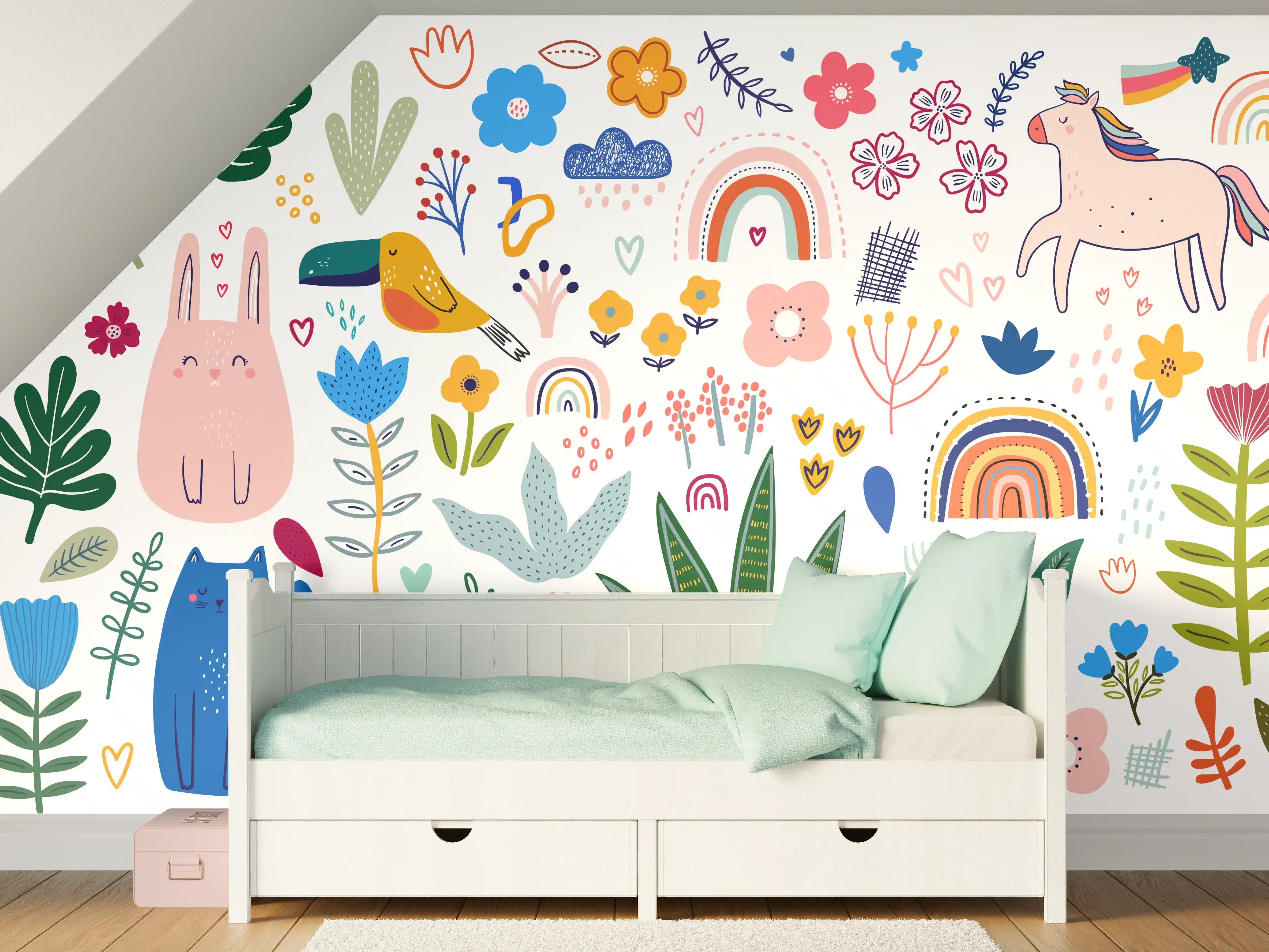 Kinderzimmer Wandgestaltung - Bunte Tier-und Pflanzenmuster