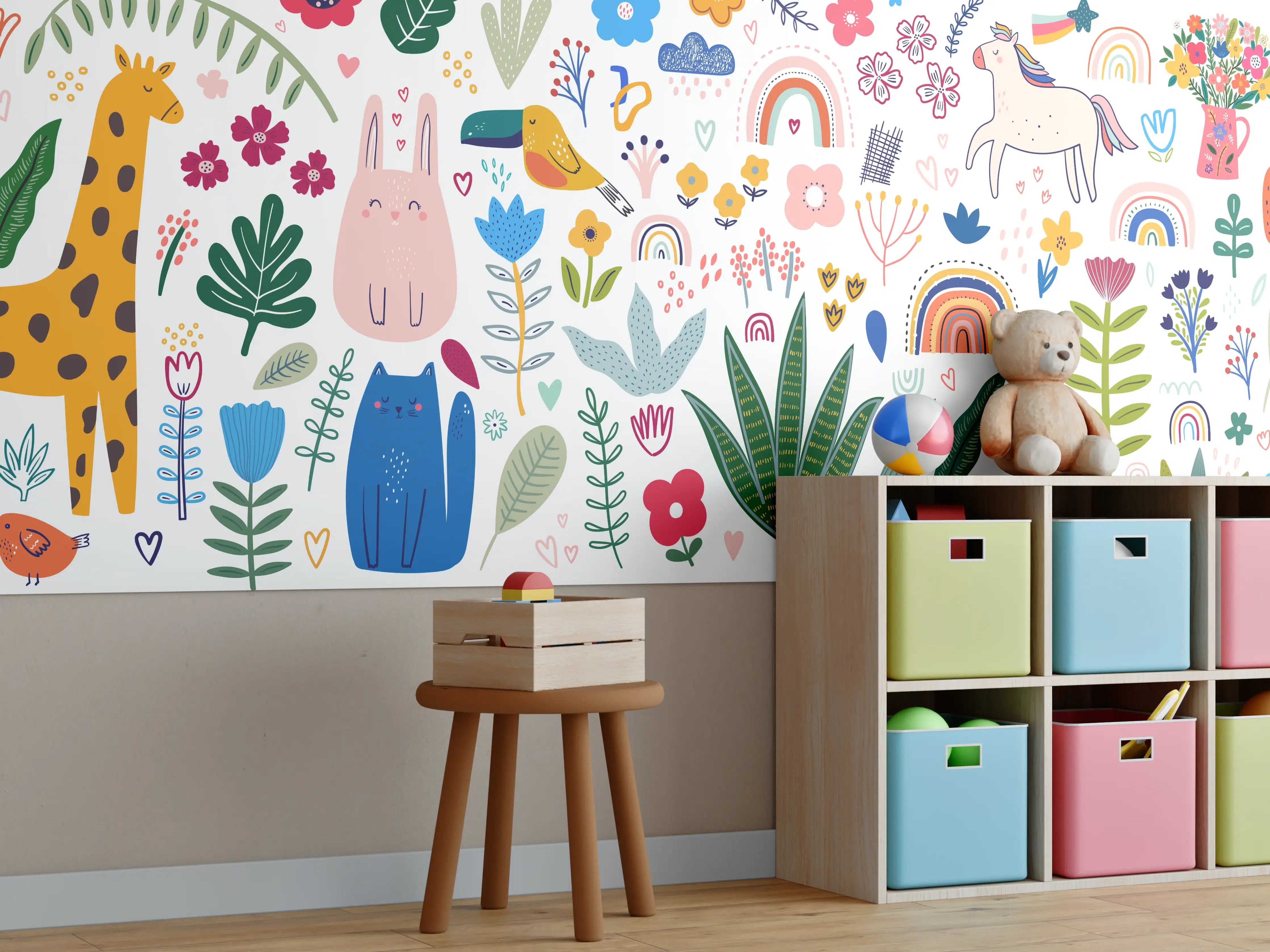 Kinderzimmer Wandgestaltung - Bunte Tier-und Pflanzenmuster