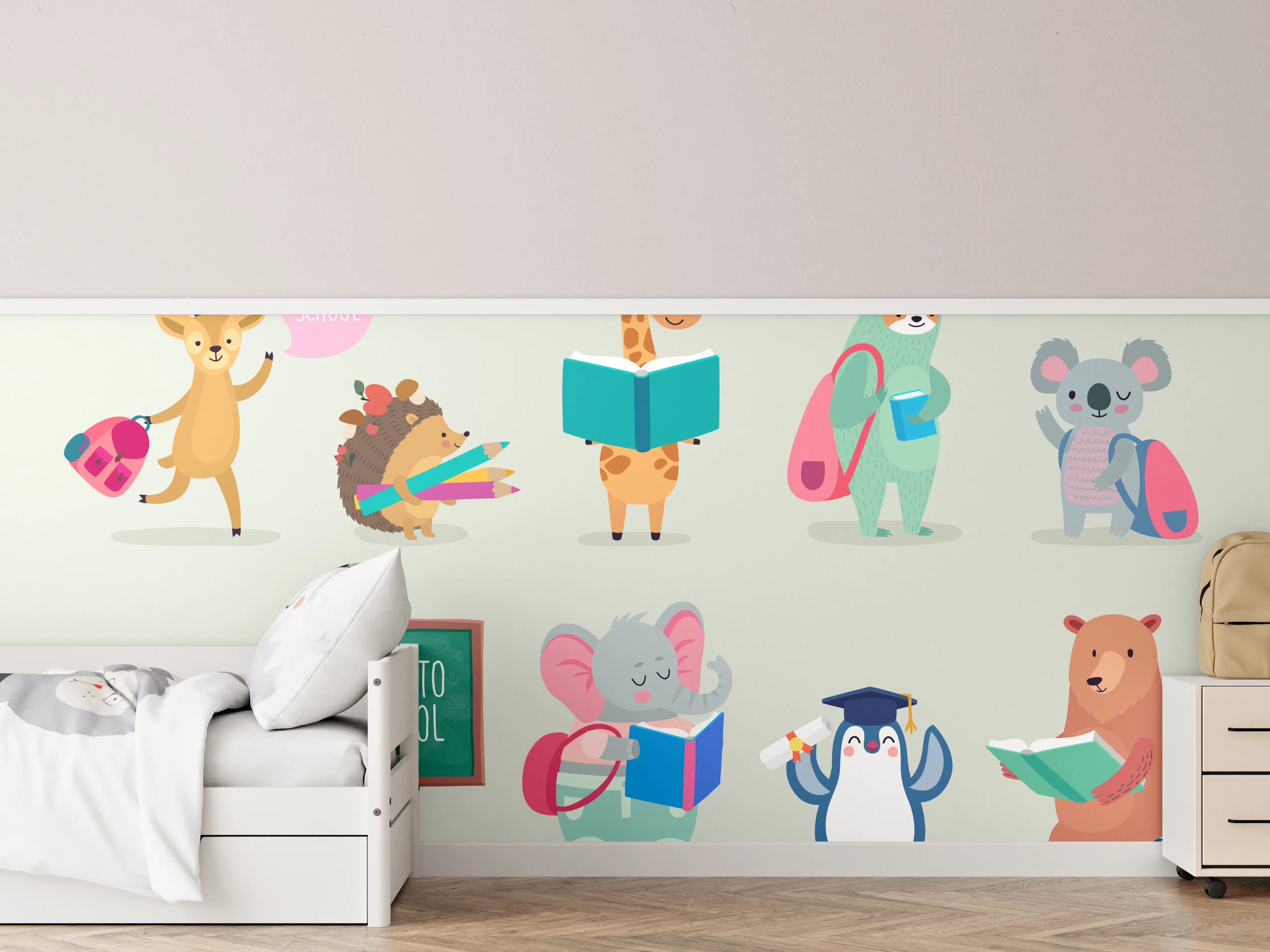 Kinderzimmer Wandgestaltung - Bunte Tiere Schulanfang Illustration