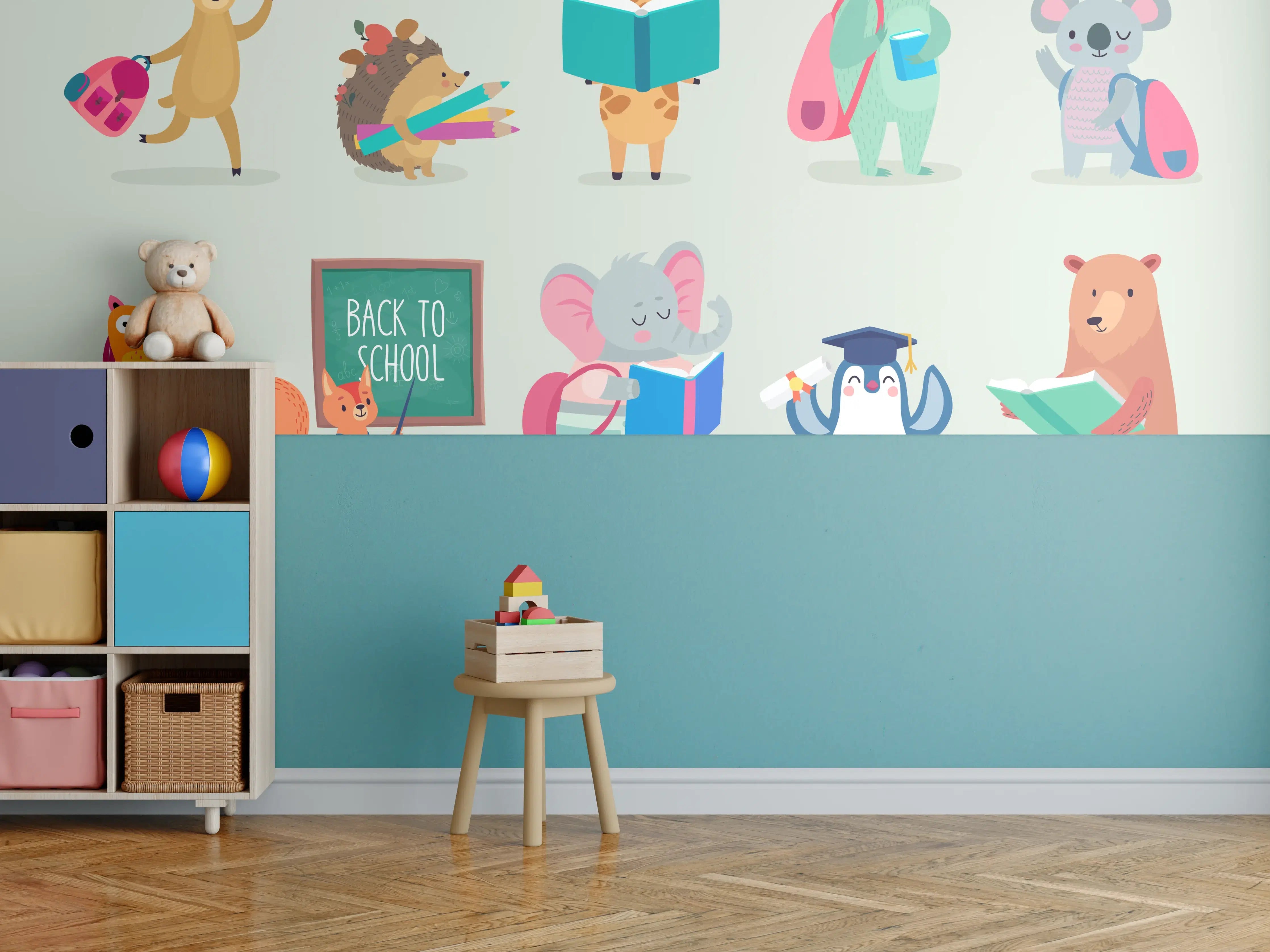 Kinderzimmer Wandgestaltung - Bunte Tiere Schulanfang Illustration