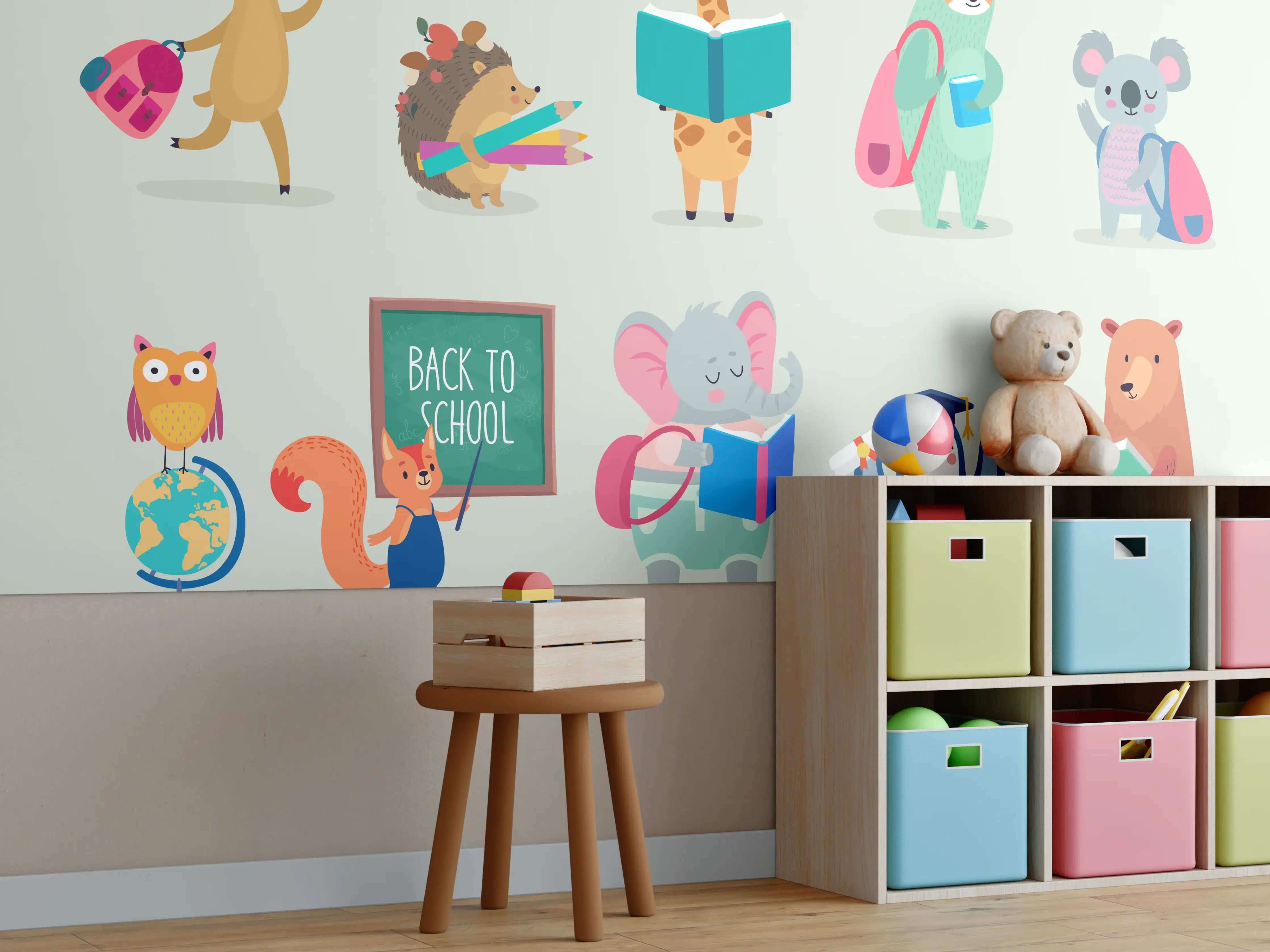 Kinderzimmer Wandgestaltung - Bunte Tiere Schulanfang Illustration