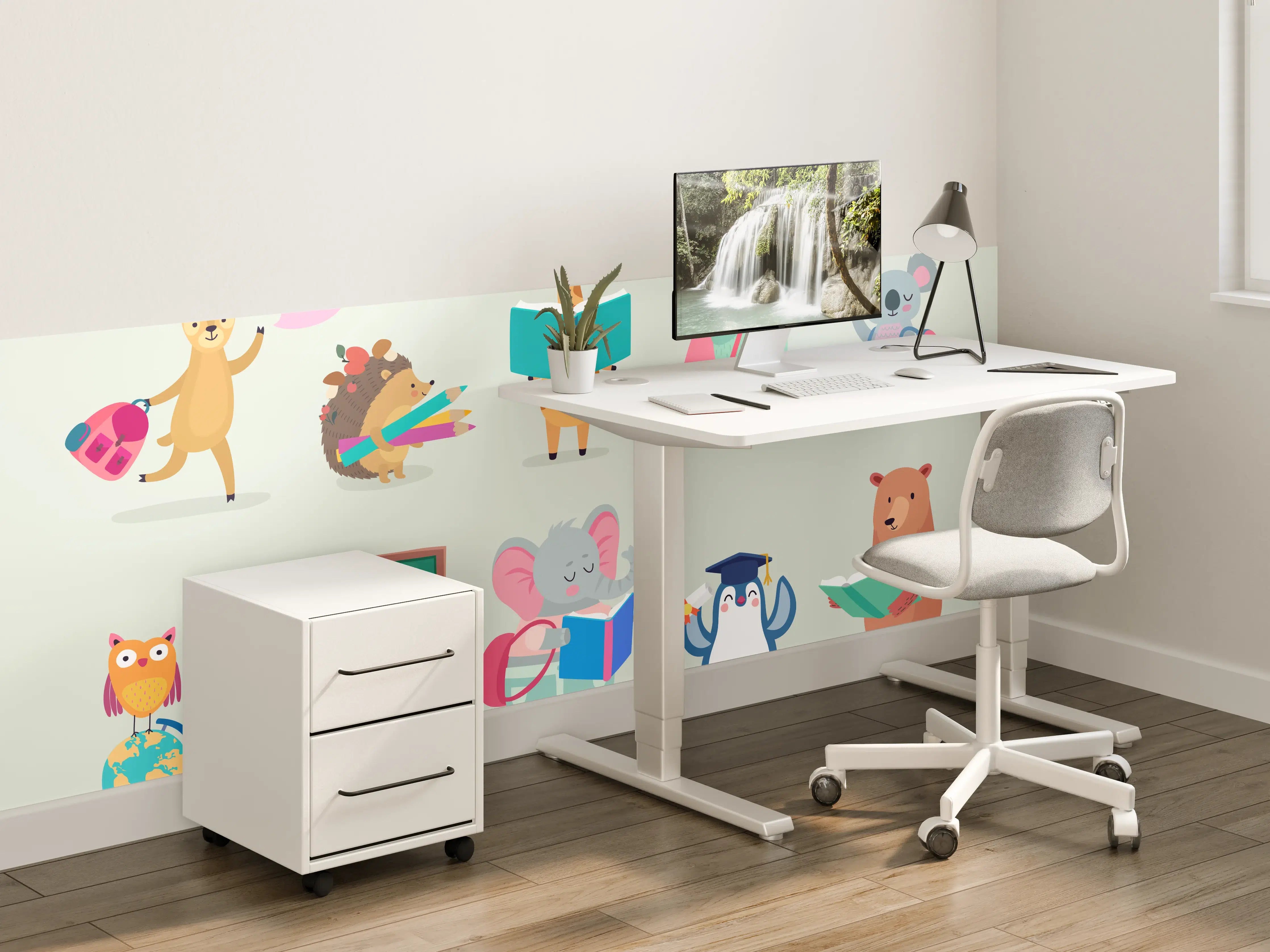 Kinderzimmer Wandgestaltung - Bunte Tiere Schulanfang Illustration