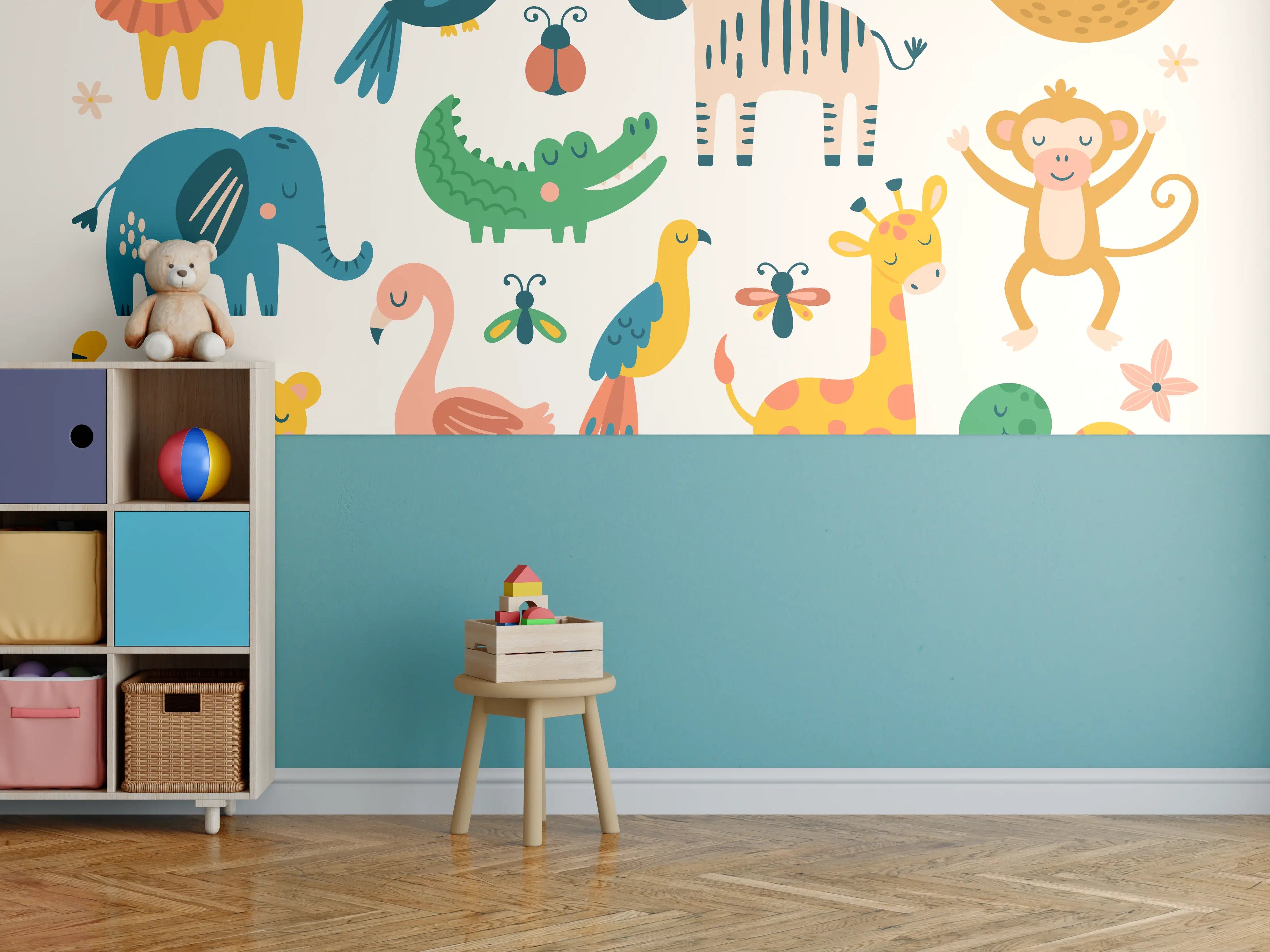 Kinderzimmer Wandgestaltung - Bunte Tierfiguren Illustration