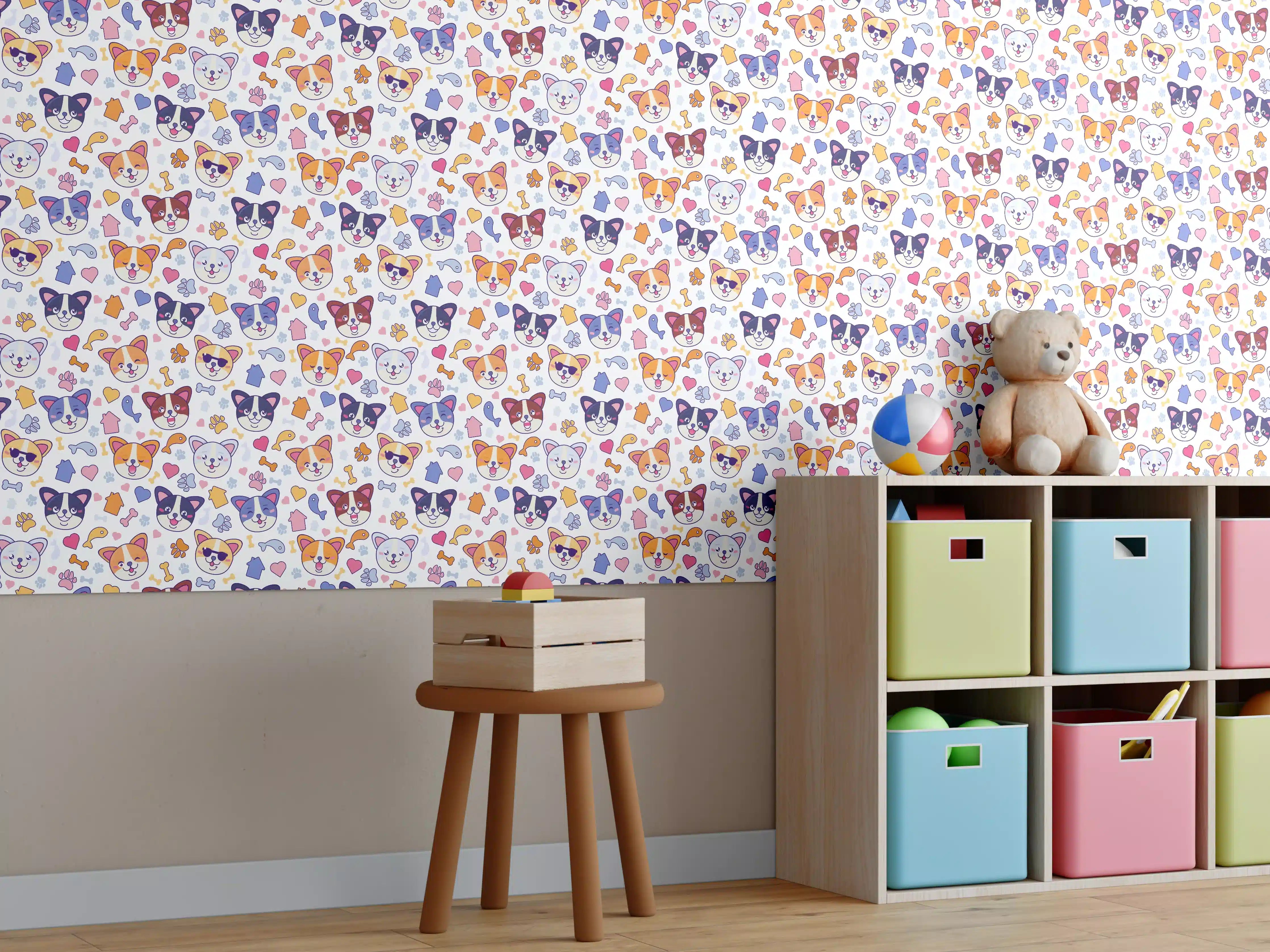 Kinderzimmer Wandgestaltung - Bunte Tiermuster in fröhlichen Farben