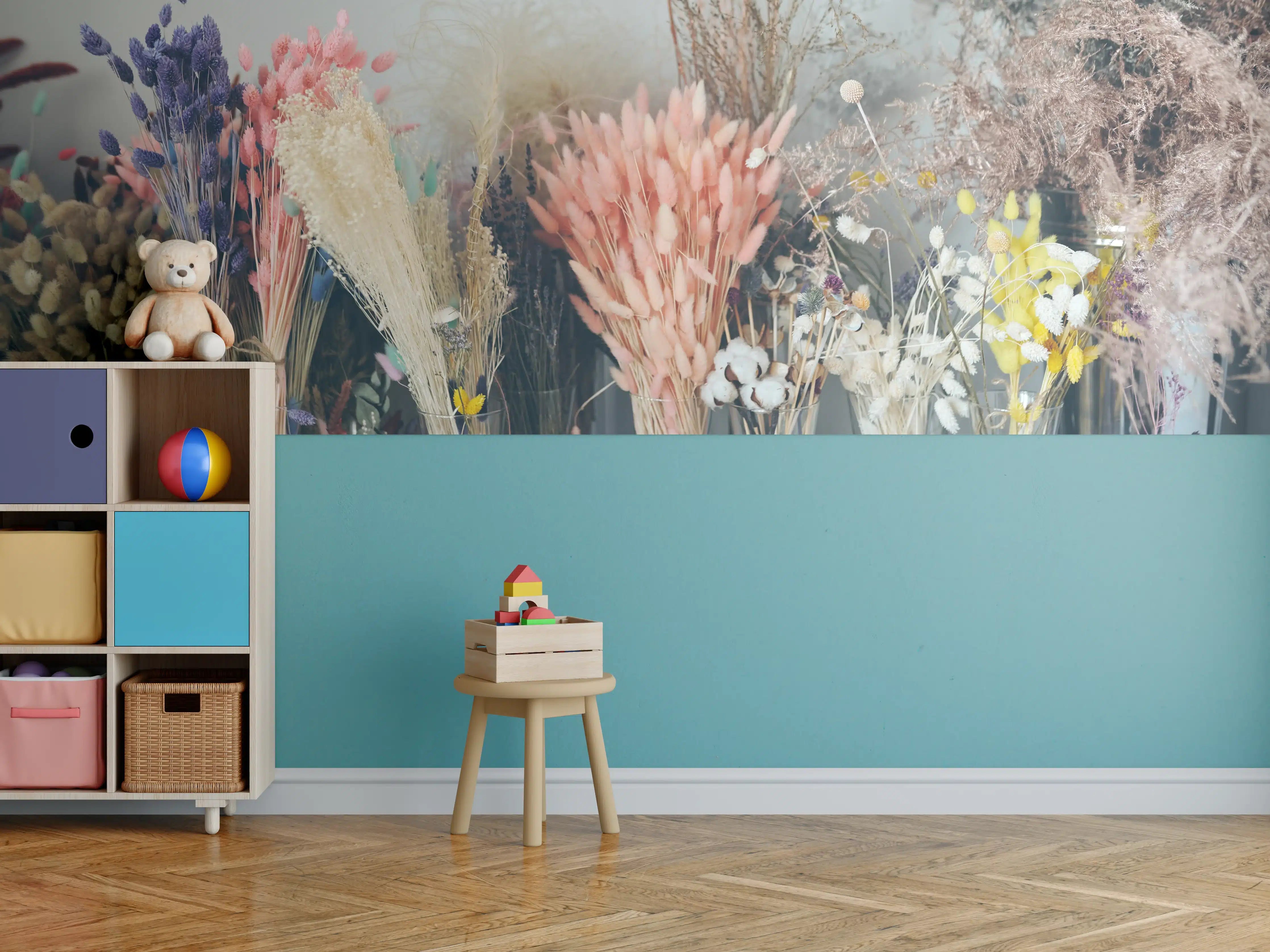 Kinderzimmer Wandgestaltung - Bunte Trockenblumen im Regal