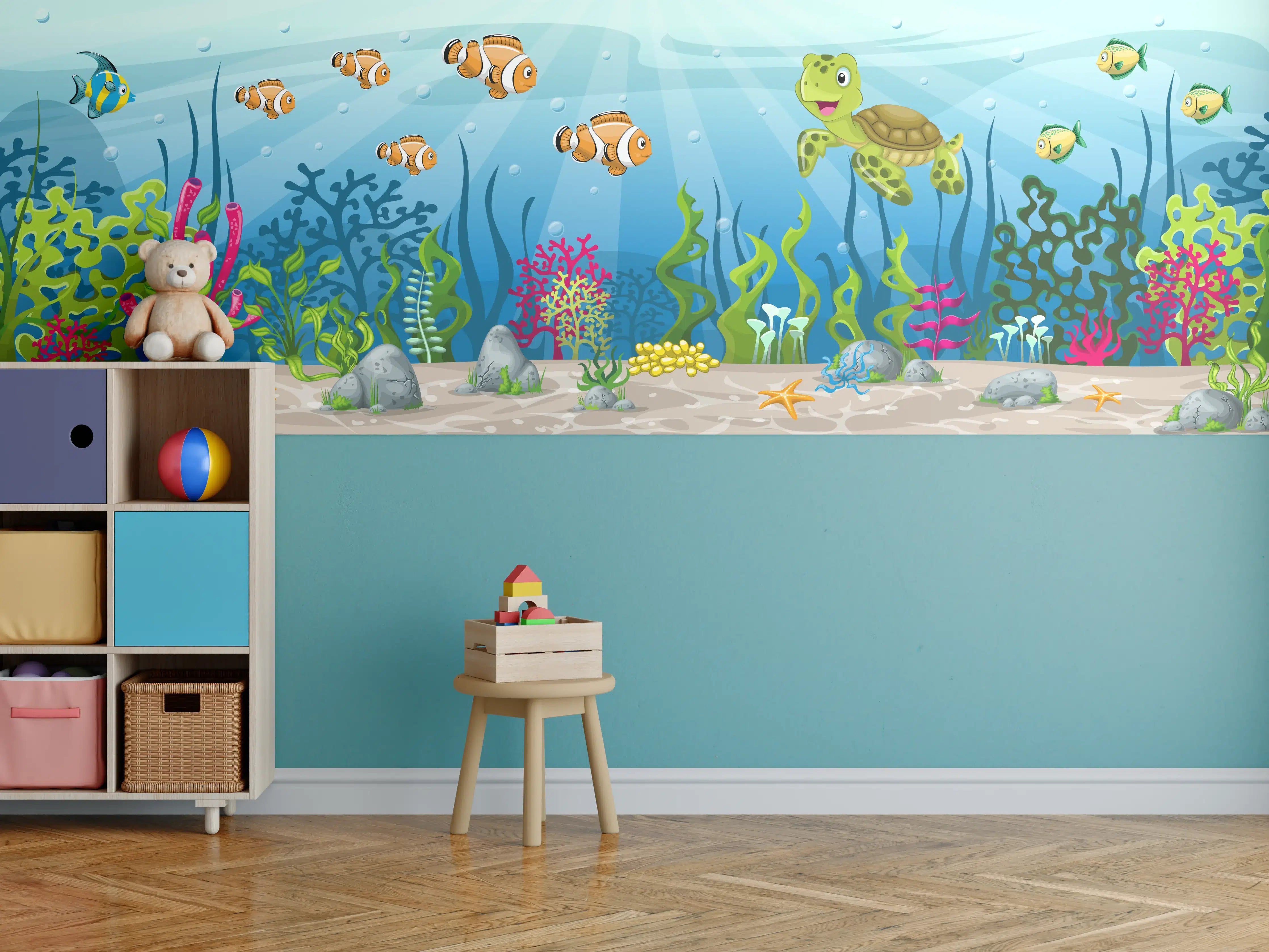 Kinderzimmer Wandgestaltung - Bunte Unterwasserwelt mit Fischen und Meerestieren