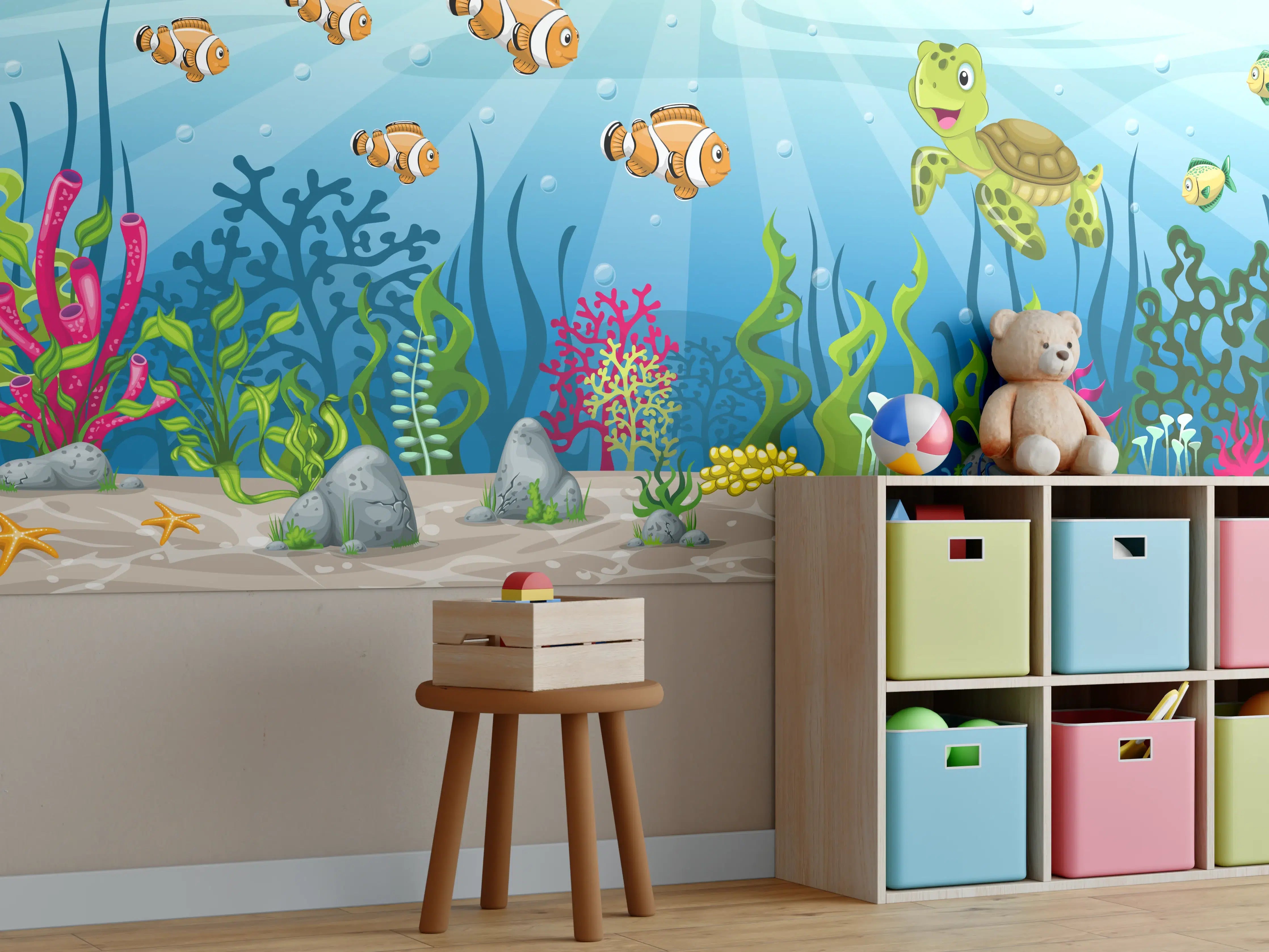 Kinderzimmer Wandgestaltung - Bunte Unterwasserwelt mit Fischen und Meerestieren