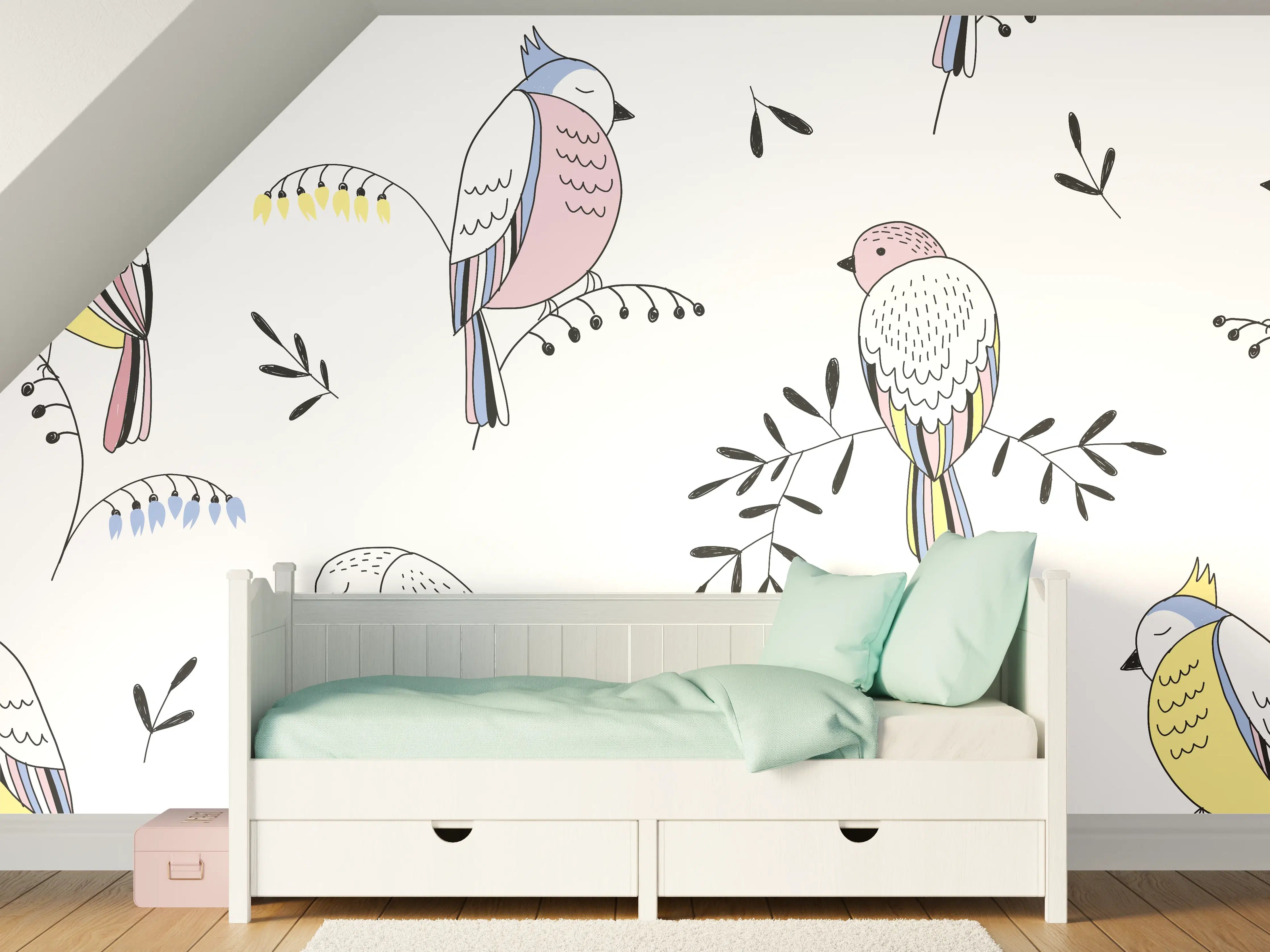 Kinderzimmer Wandgestaltung - Bunte Vögel Muster Illustration