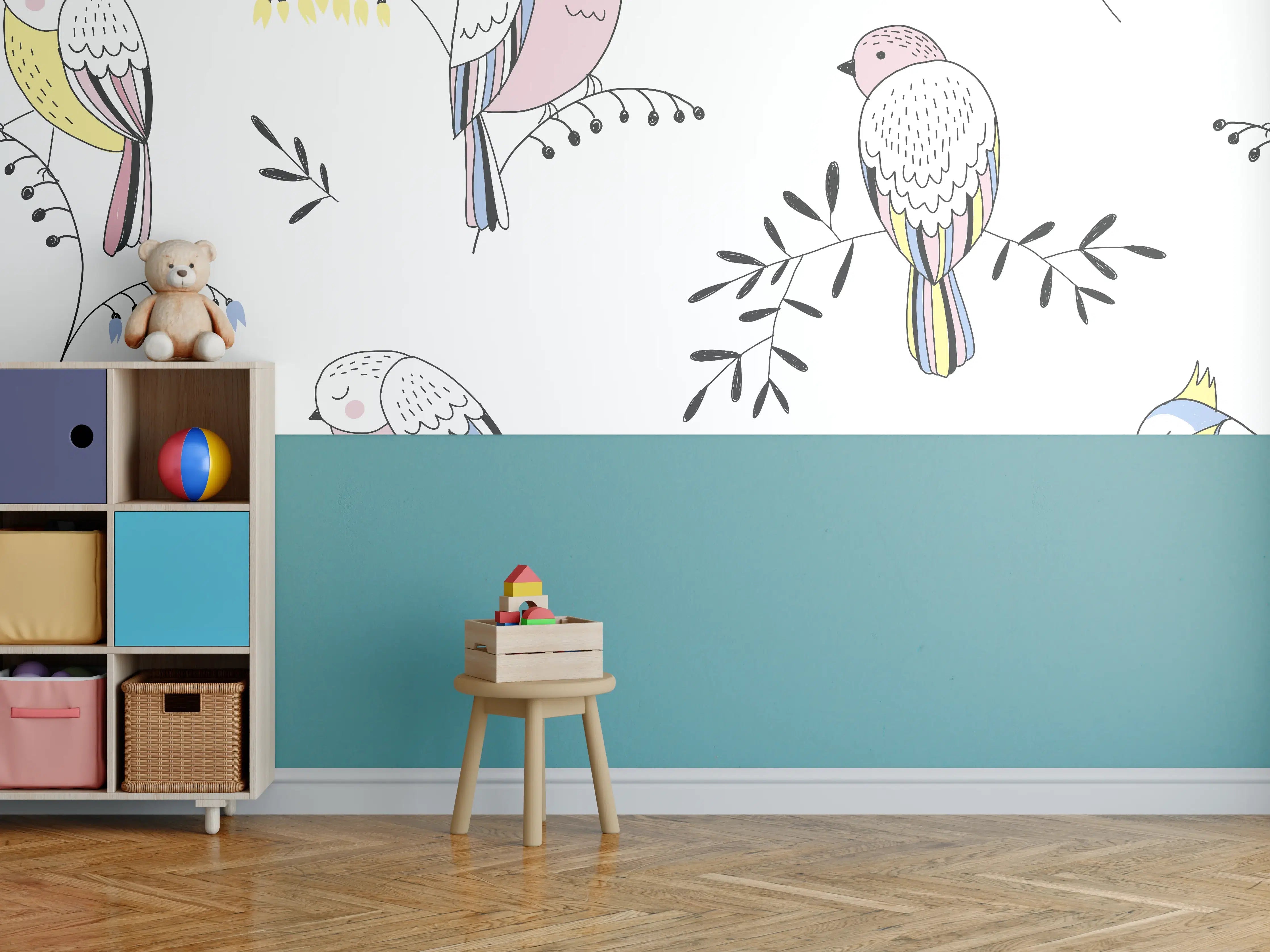 Kinderzimmer Wandgestaltung - Bunte Vögel Muster Illustration