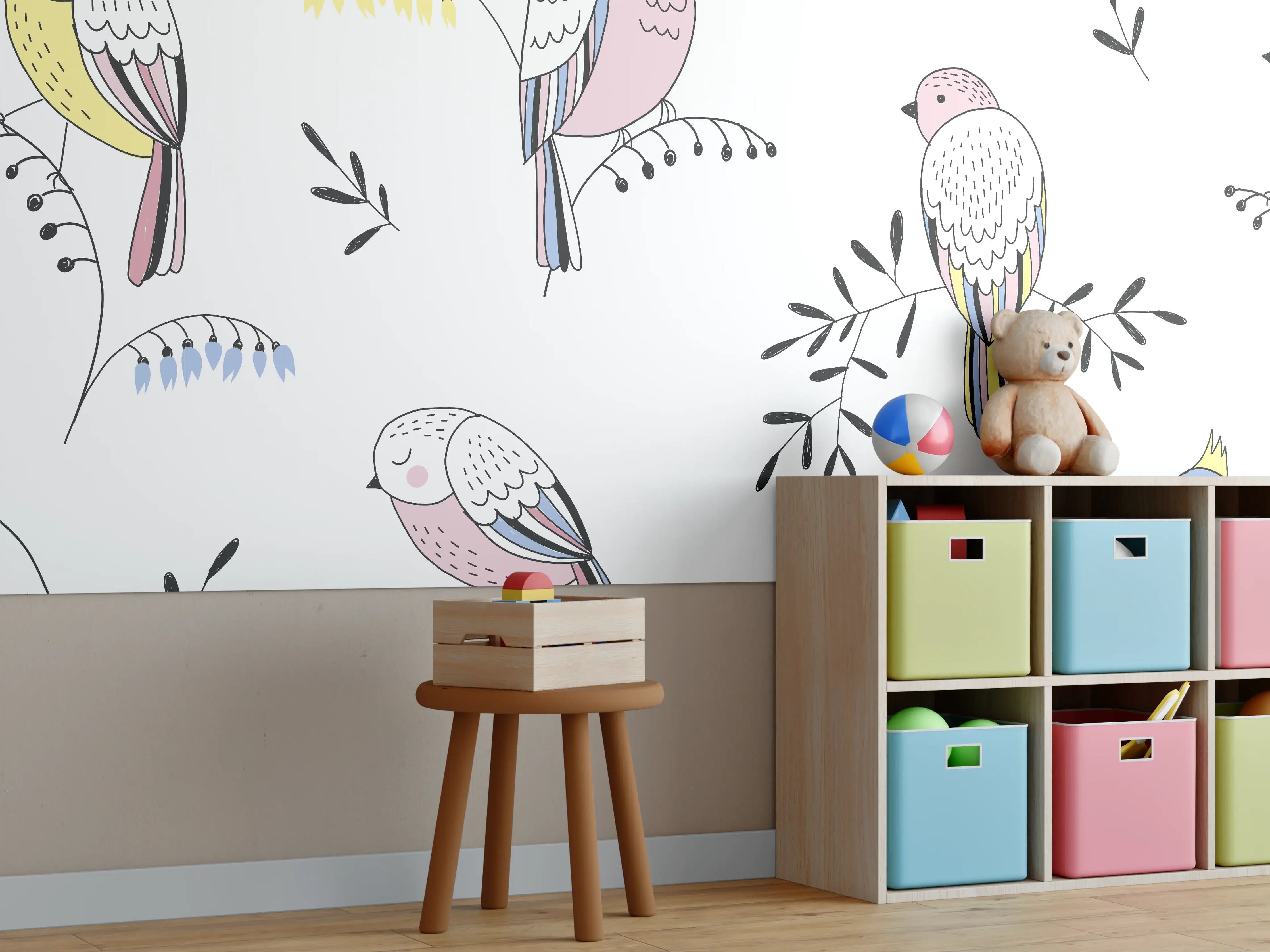 Kinderzimmer Wandgestaltung - Bunte Vögel Muster Illustration