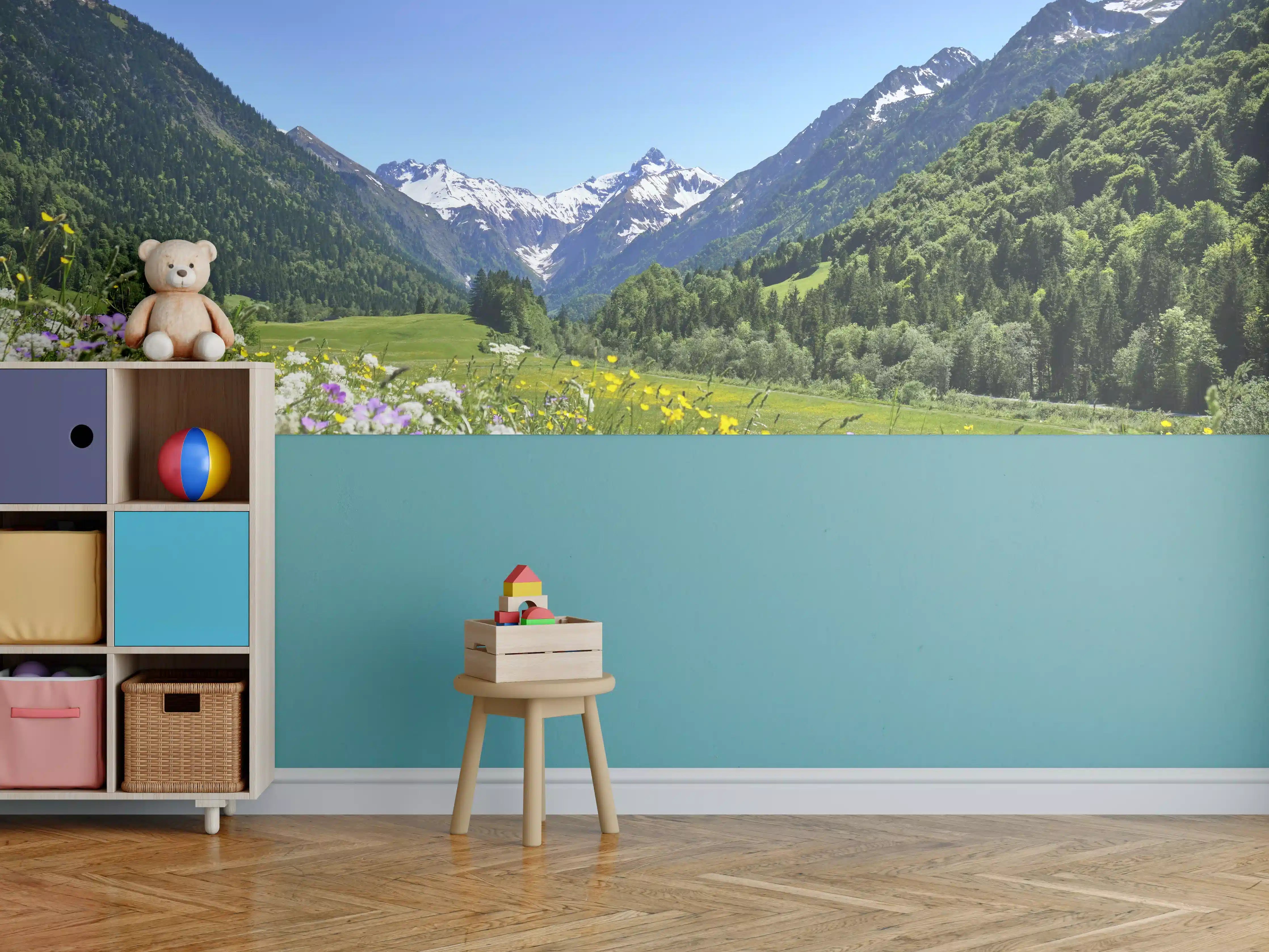 Kinderzimmer Wandgestaltung - Bunte Wiese in den Alpen