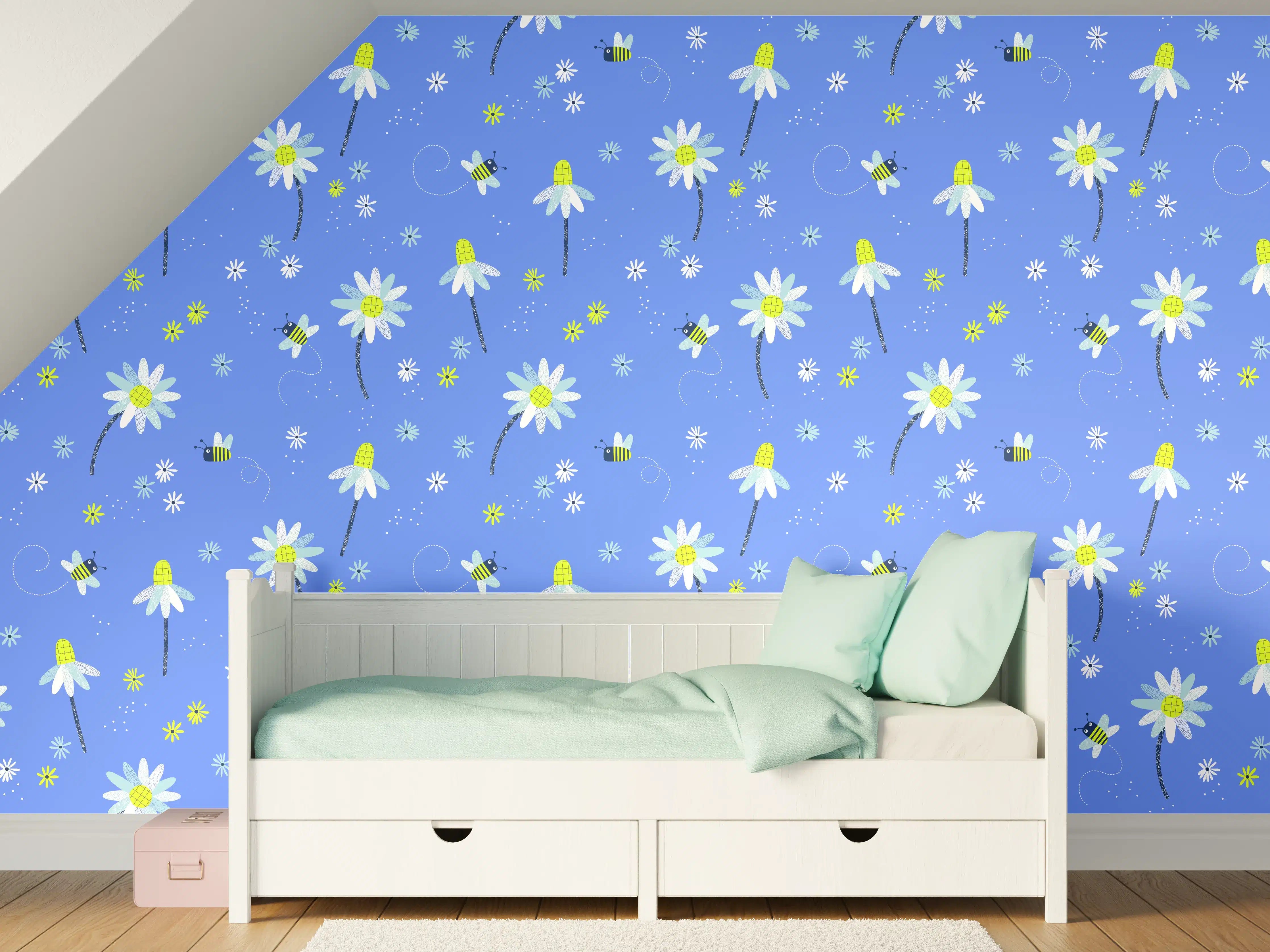 Kinderzimmer Wandgestaltung - Bunte Wildblumen auf blauem Hintergrund