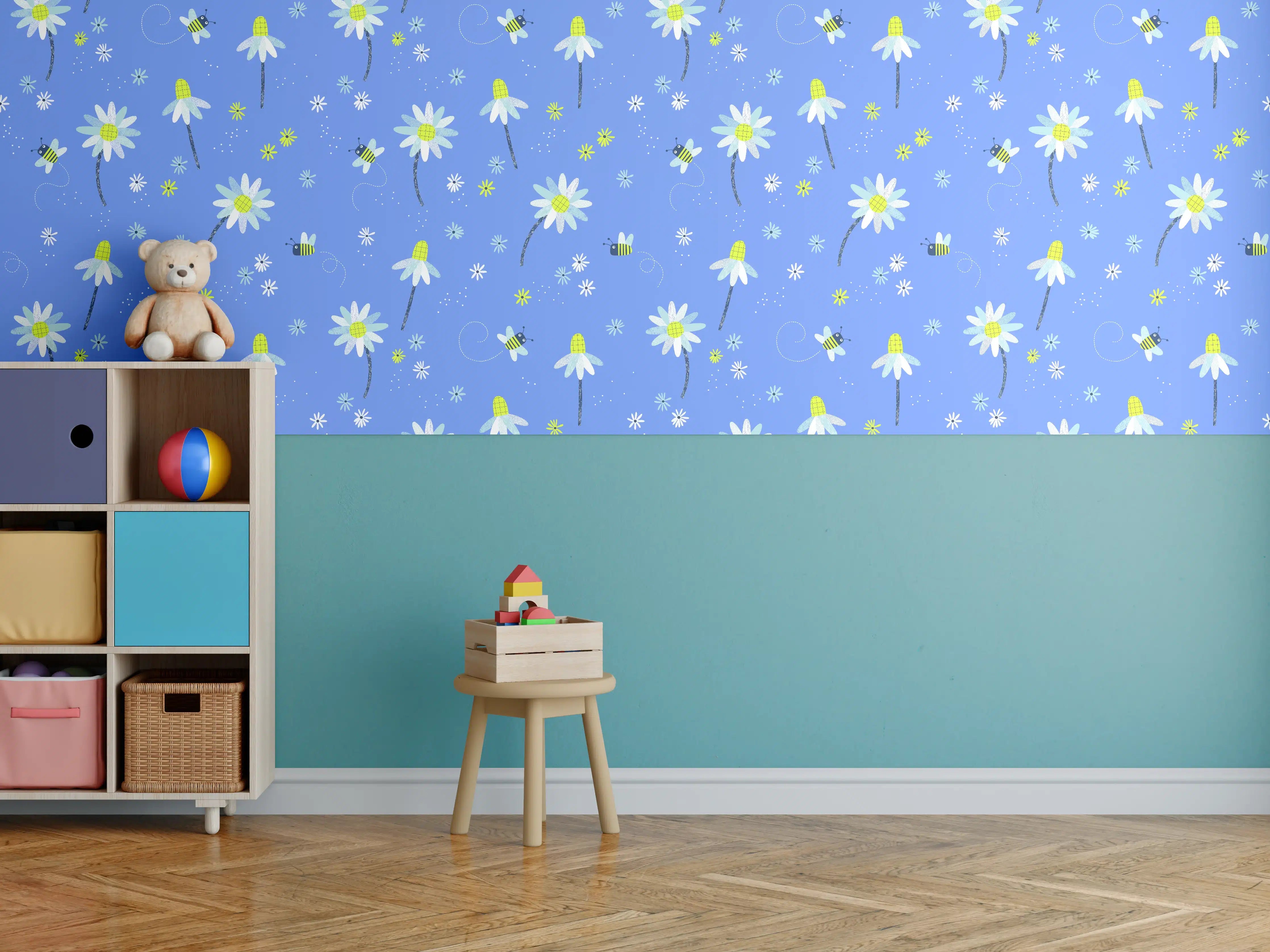 Kinderzimmer Wandgestaltung - Bunte Wildblumen auf blauem Hintergrund