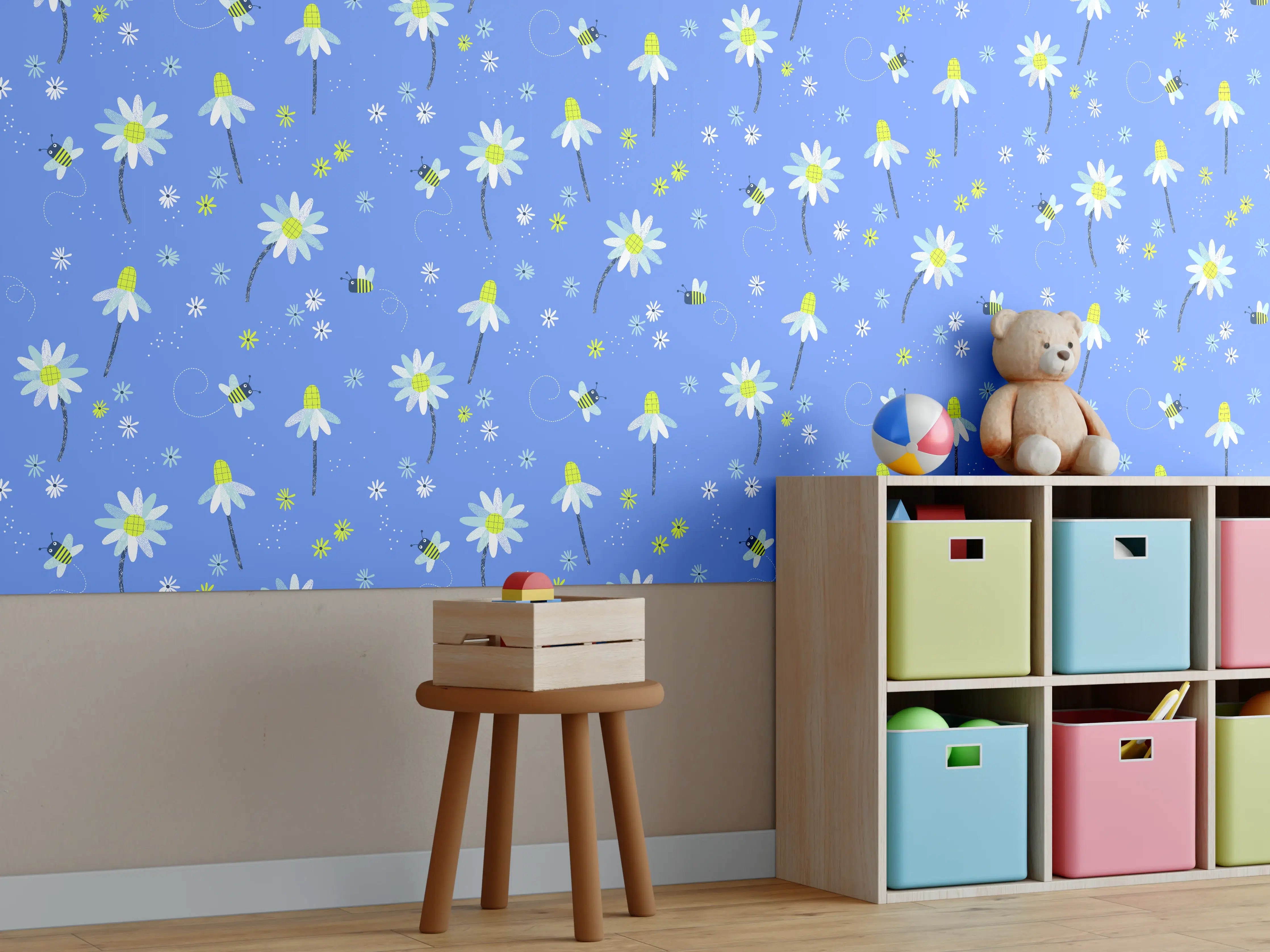 Kinderzimmer Wandgestaltung - Bunte Wildblumen auf blauem Hintergrund