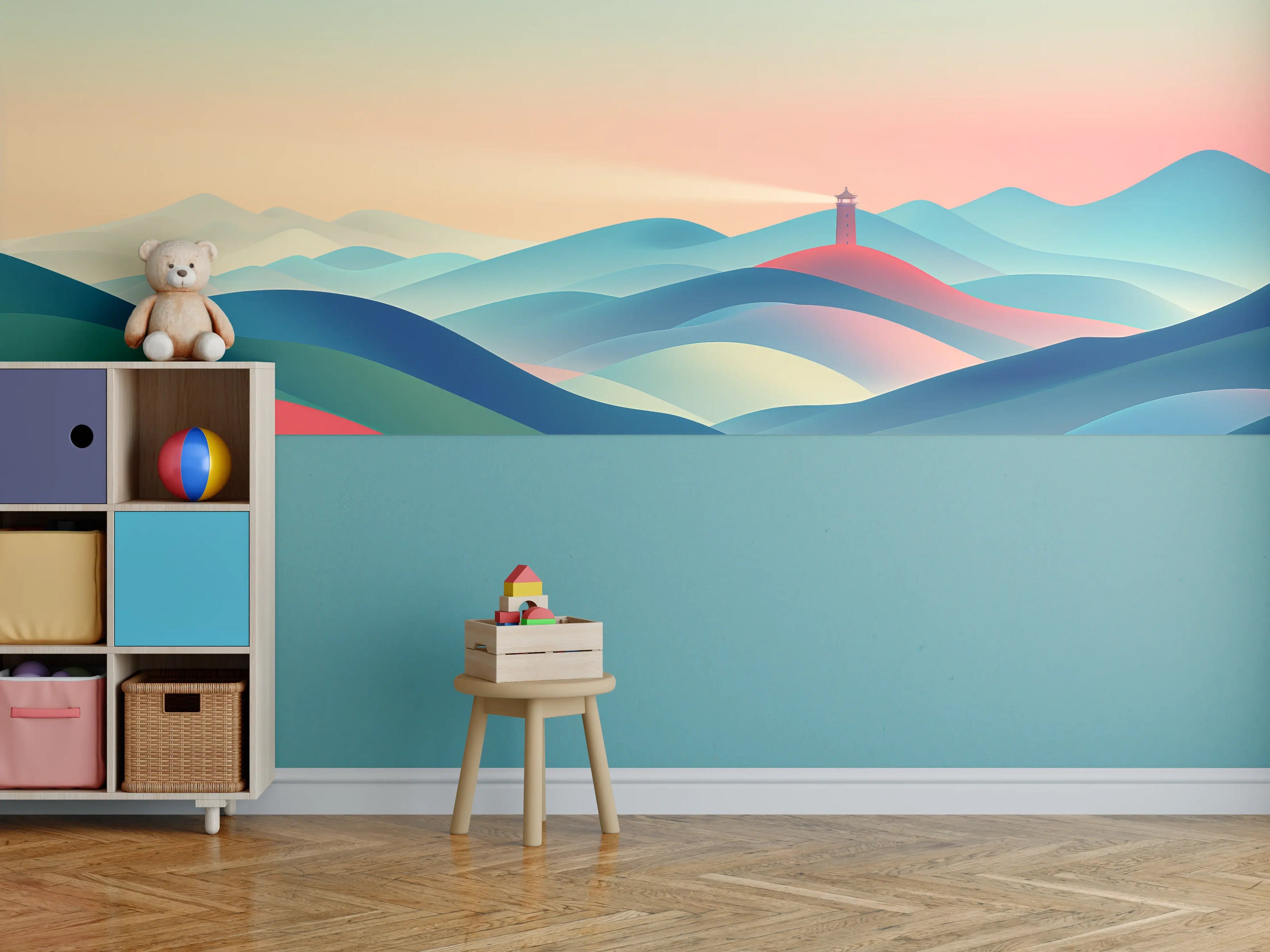 Kinderzimmer Wandgestaltung - Bunte abstrakte Landschaft mit Leuchtturm