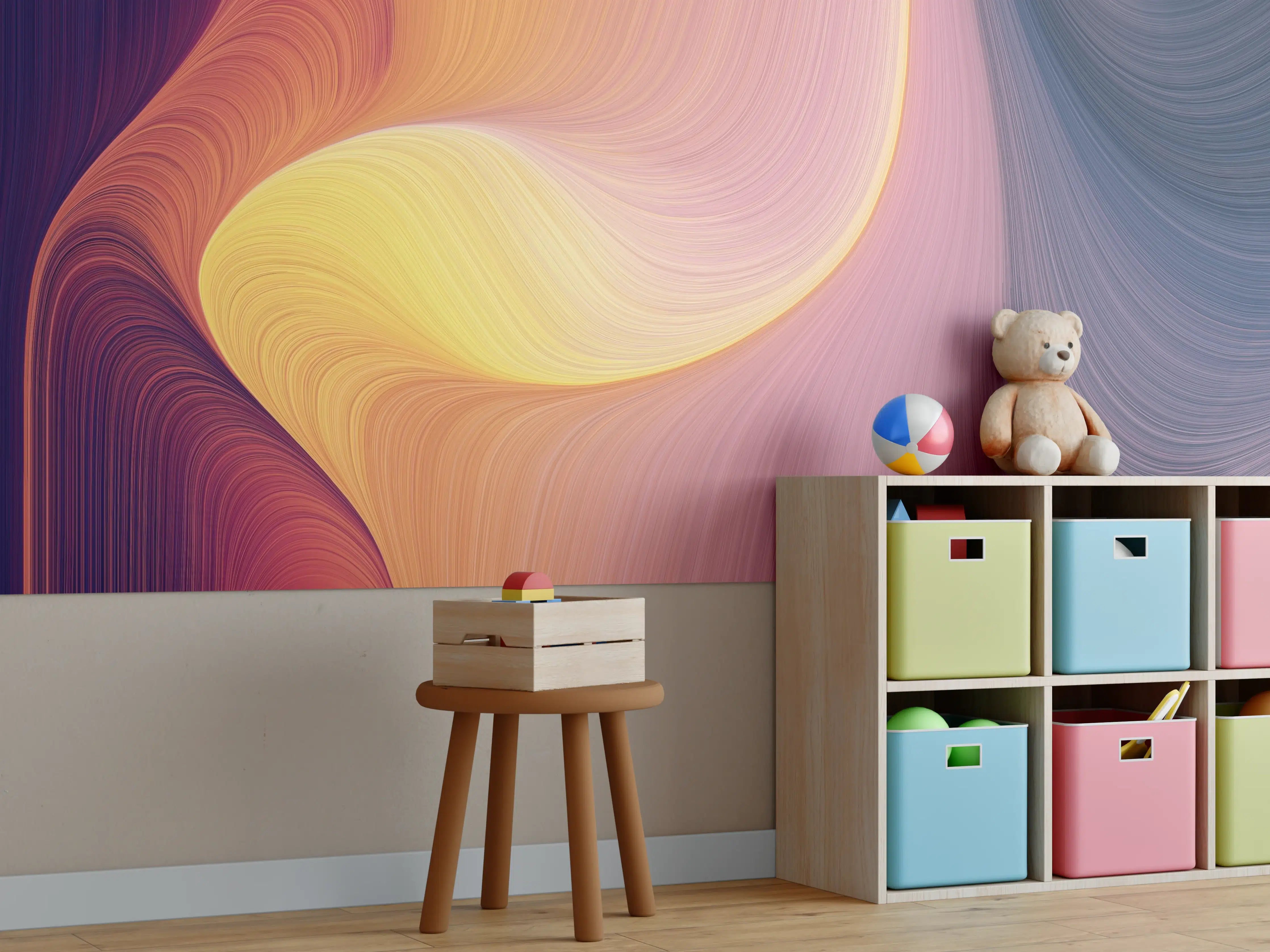 Kinderzimmer Wandgestaltung - Bunte abstrakte Wellenmuster in warmen und kühlen Farbtönen