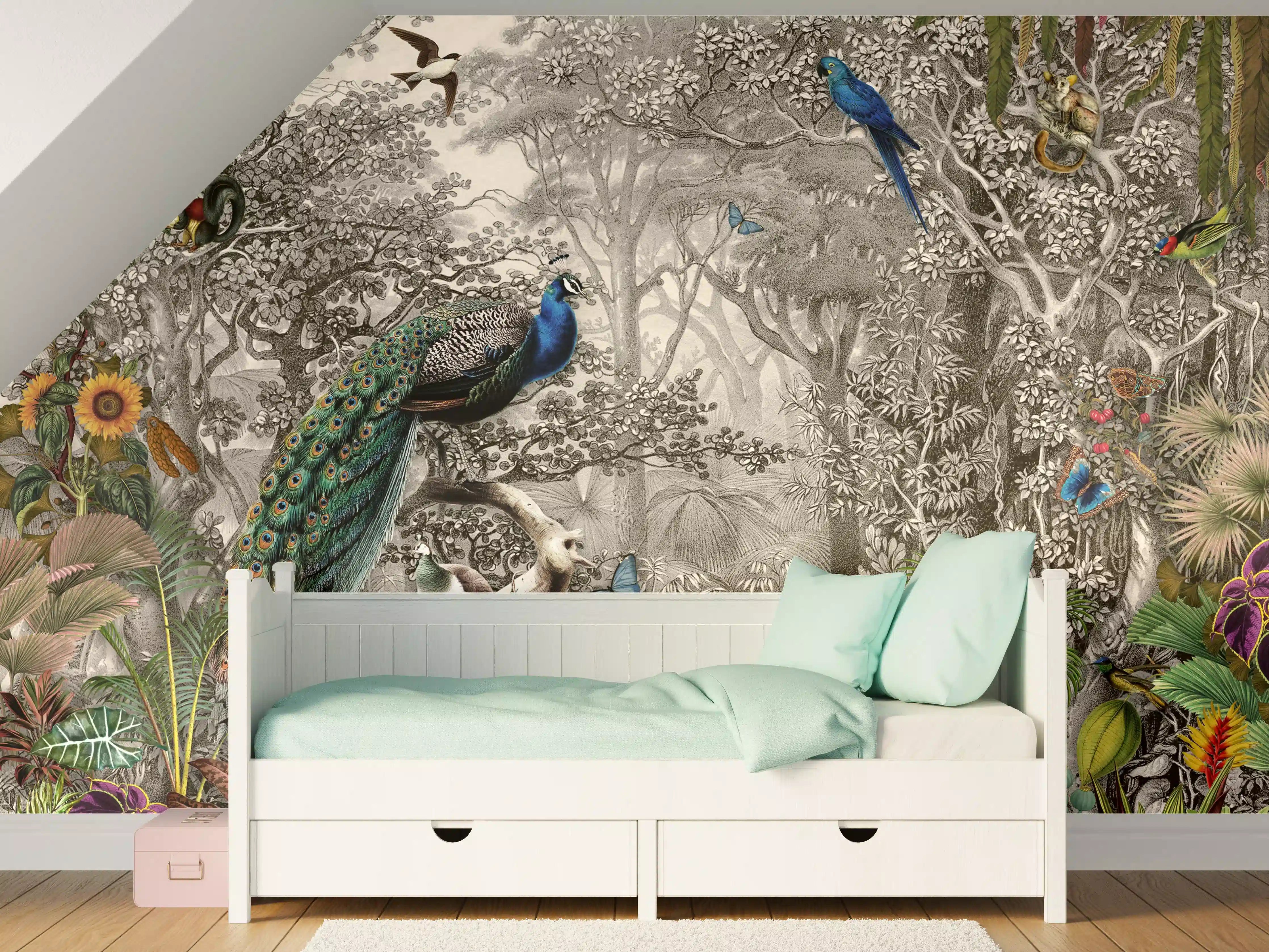 Kinderzimmer Wandgestaltung - Bunte exotische Tier- und Pflanzenwelt