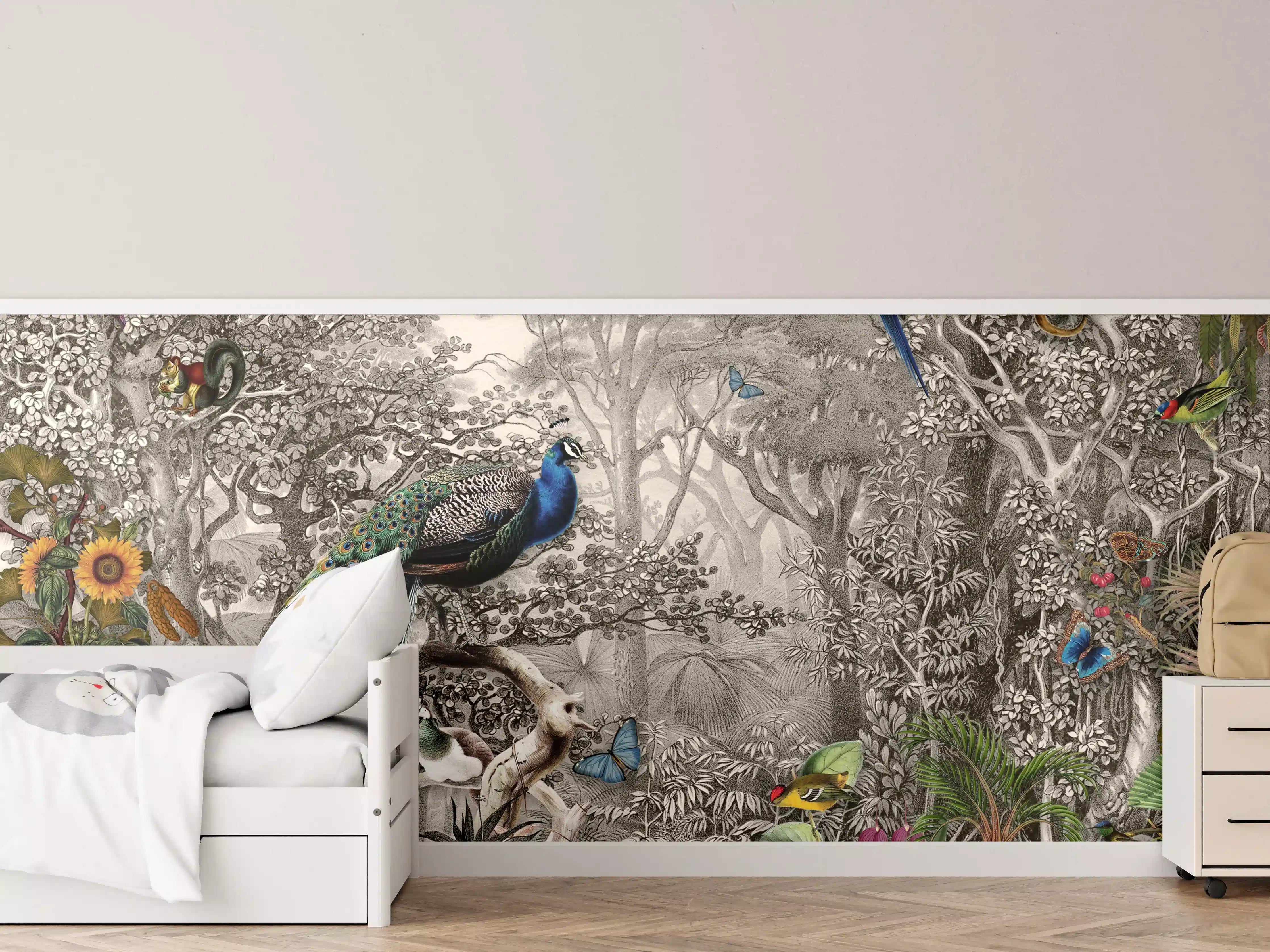 Kinderzimmer Wandgestaltung - Bunte exotische Tier- und Pflanzenwelt