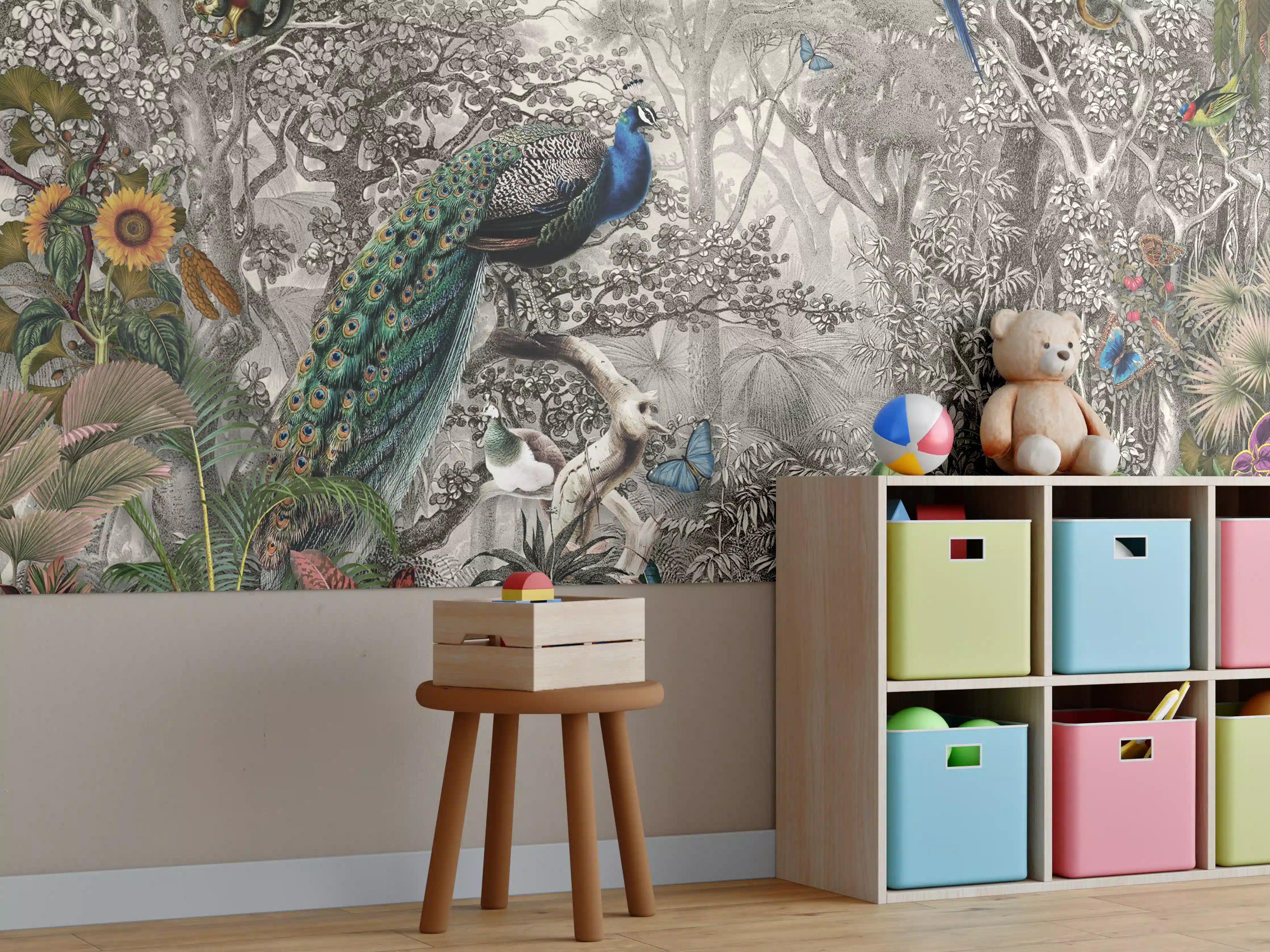 Kinderzimmer Wandgestaltung - Bunte exotische Tier- und Pflanzenwelt