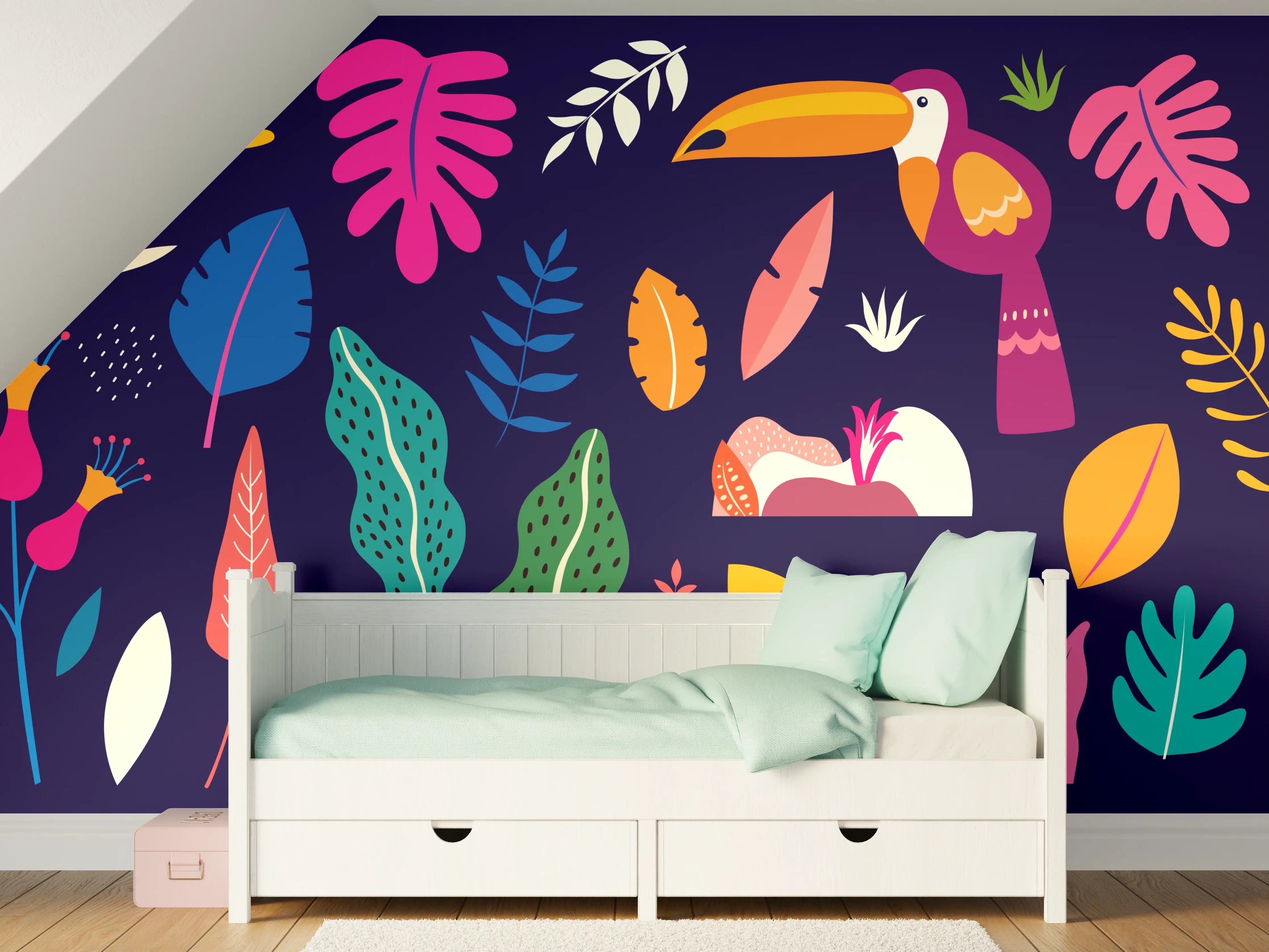 Kinderzimmer Wandgestaltung - Bunte exotische Vogel- und Pflanzenwelt