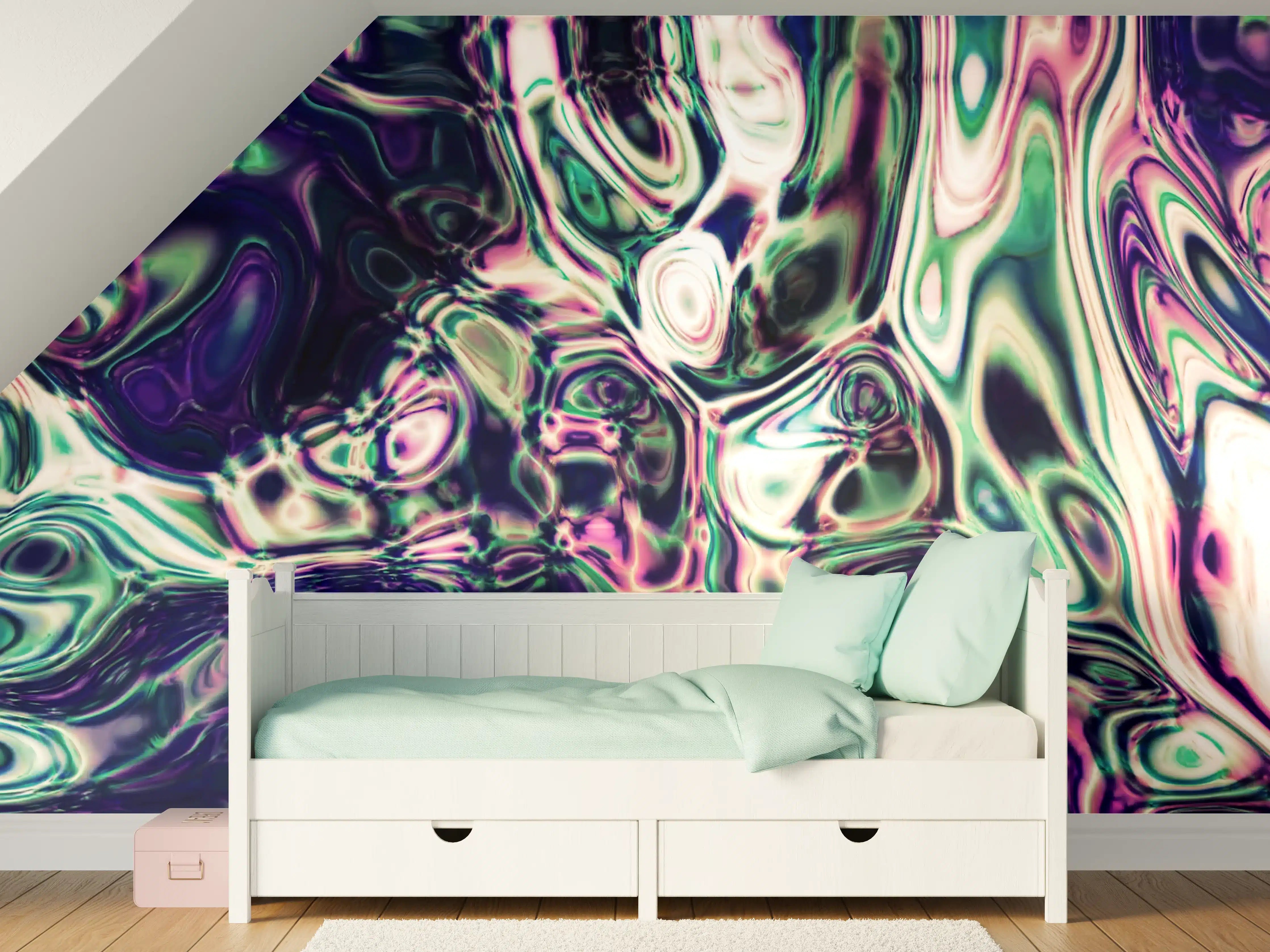 Kinderzimmer Wandgestaltung - Bunte, abstrakte Digitalkunst mit fließenden Mustern