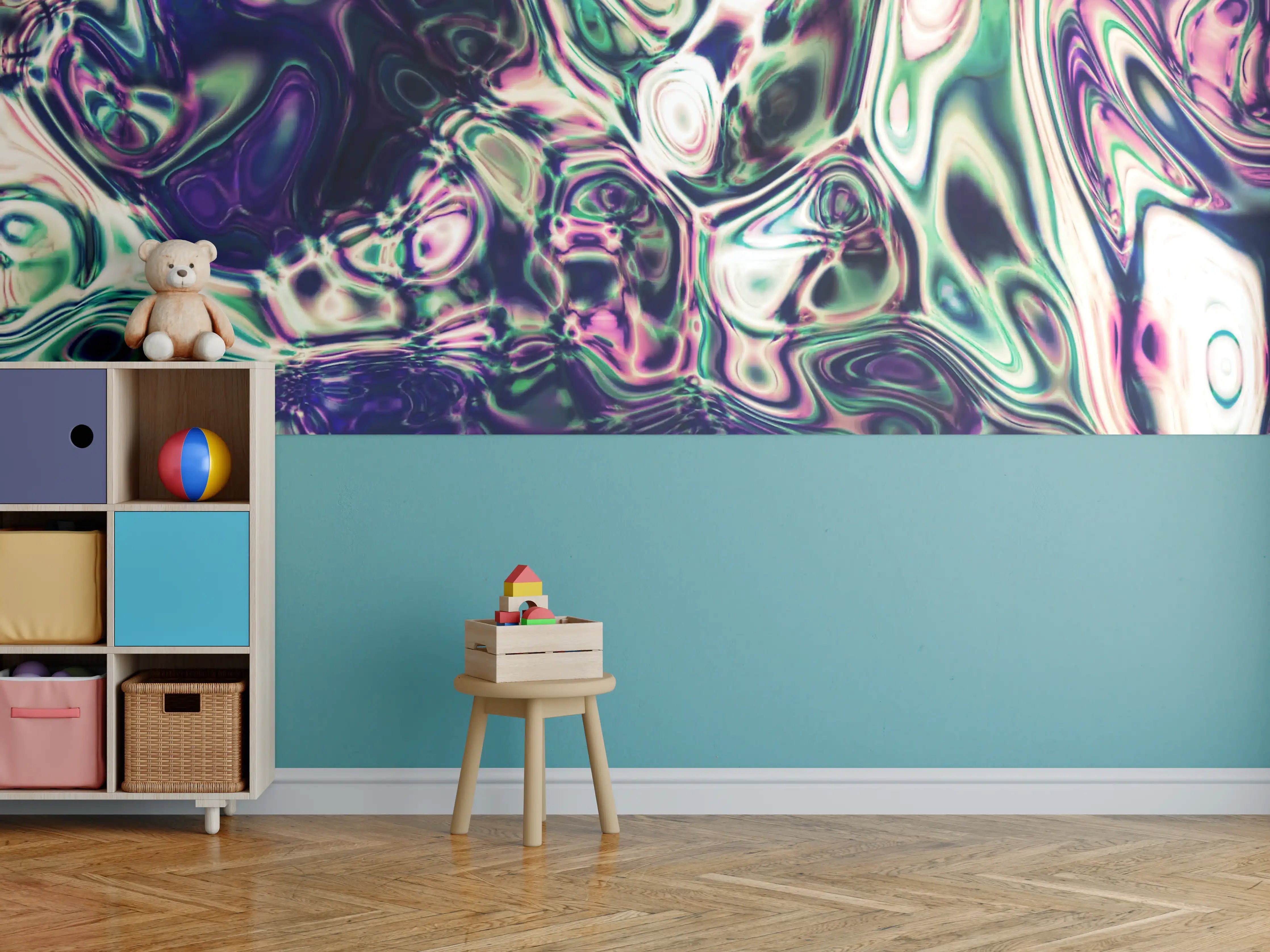 Kinderzimmer Wandgestaltung - Bunte, abstrakte Digitalkunst mit fließenden Mustern