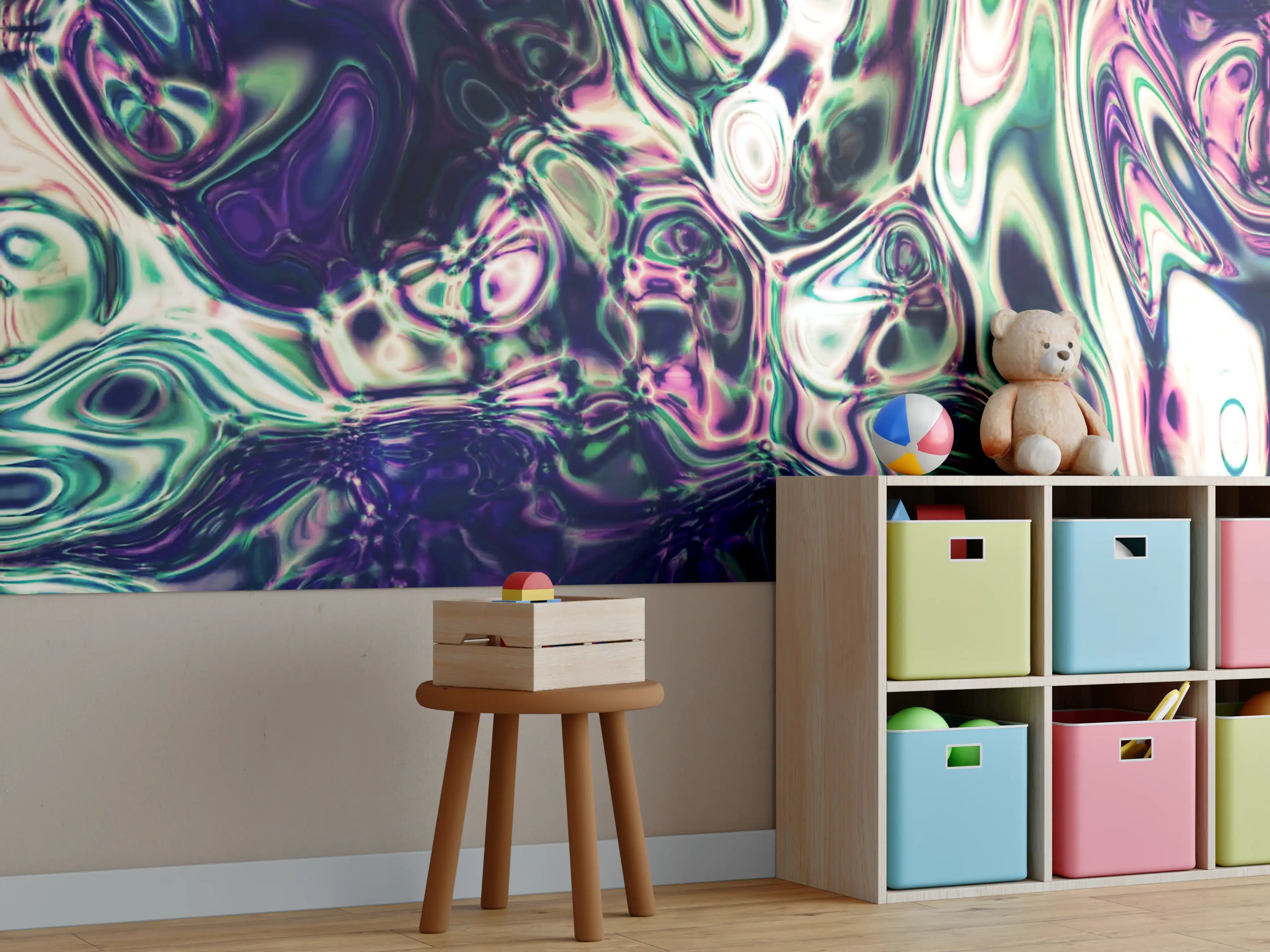 Kinderzimmer Wandgestaltung - Bunte, abstrakte Digitalkunst mit fließenden Mustern