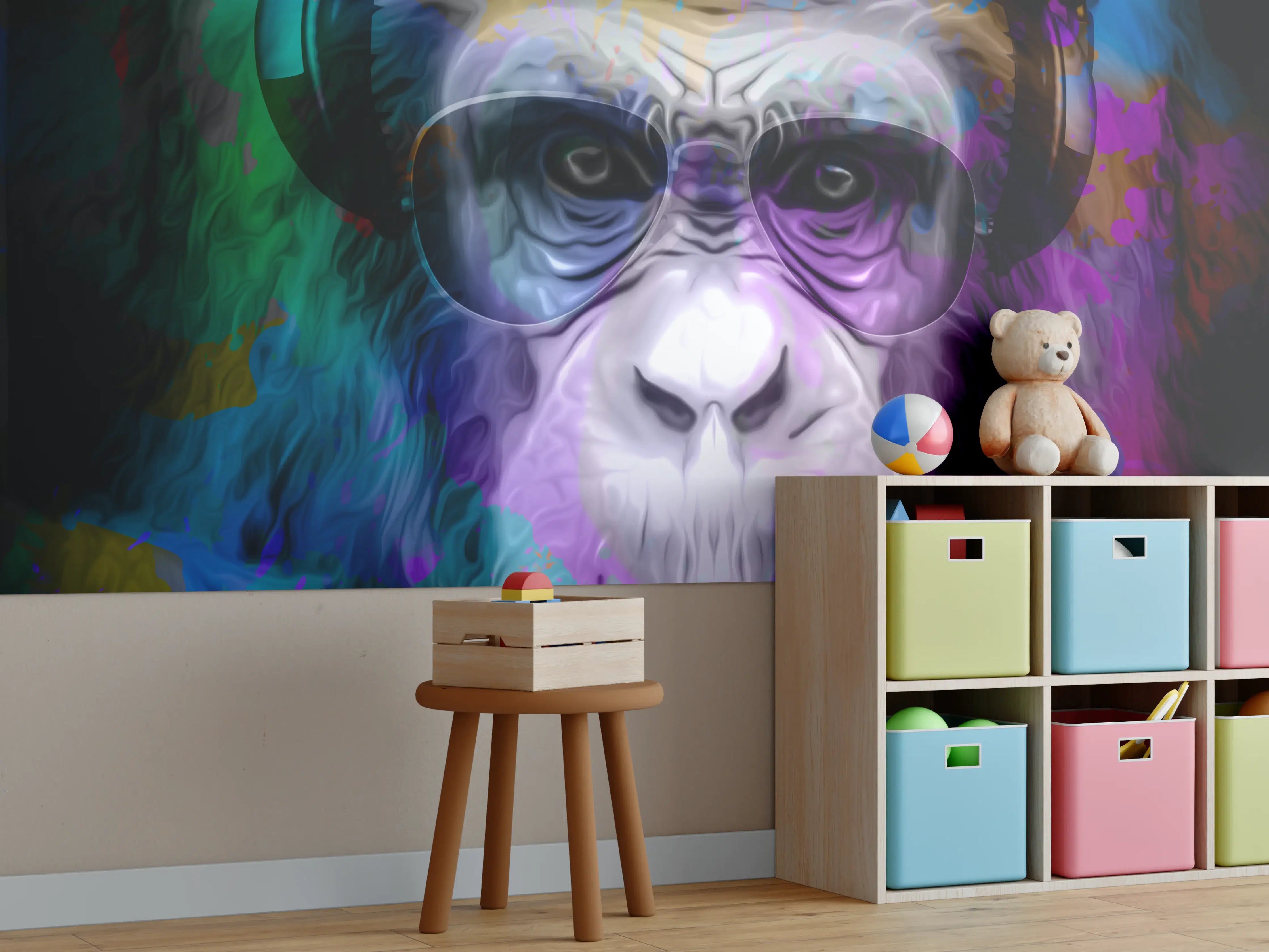 Kinderzimmer Wandgestaltung - Bunter Affenkopf mit Brille und Kopfhörern