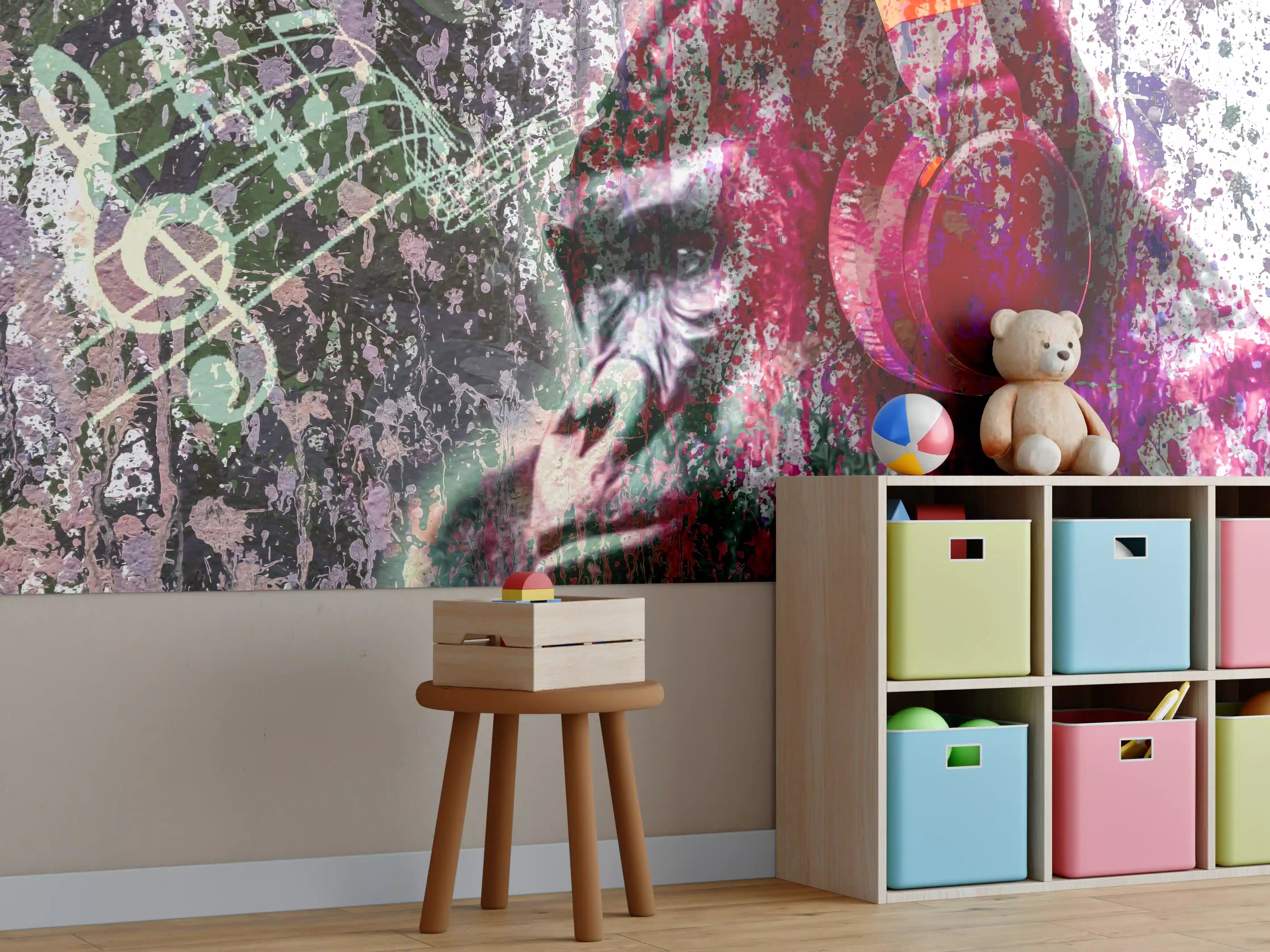 Kinderzimmer Wandgestaltung - Bunter Affenkopf mit Musik-Elementen