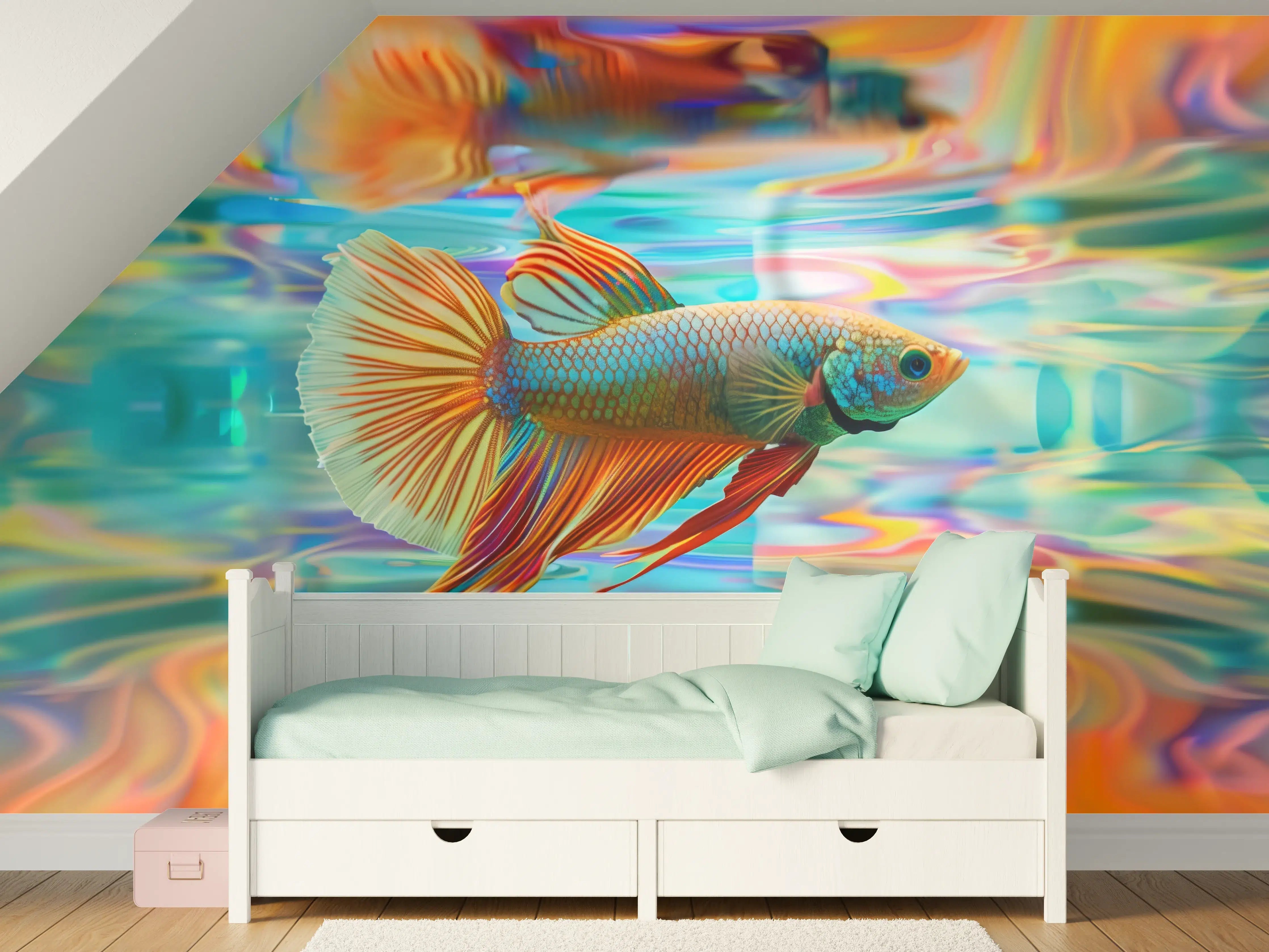 Kinderzimmer Wandgestaltung - Bunter Betta-Fisch Türkis-Orange