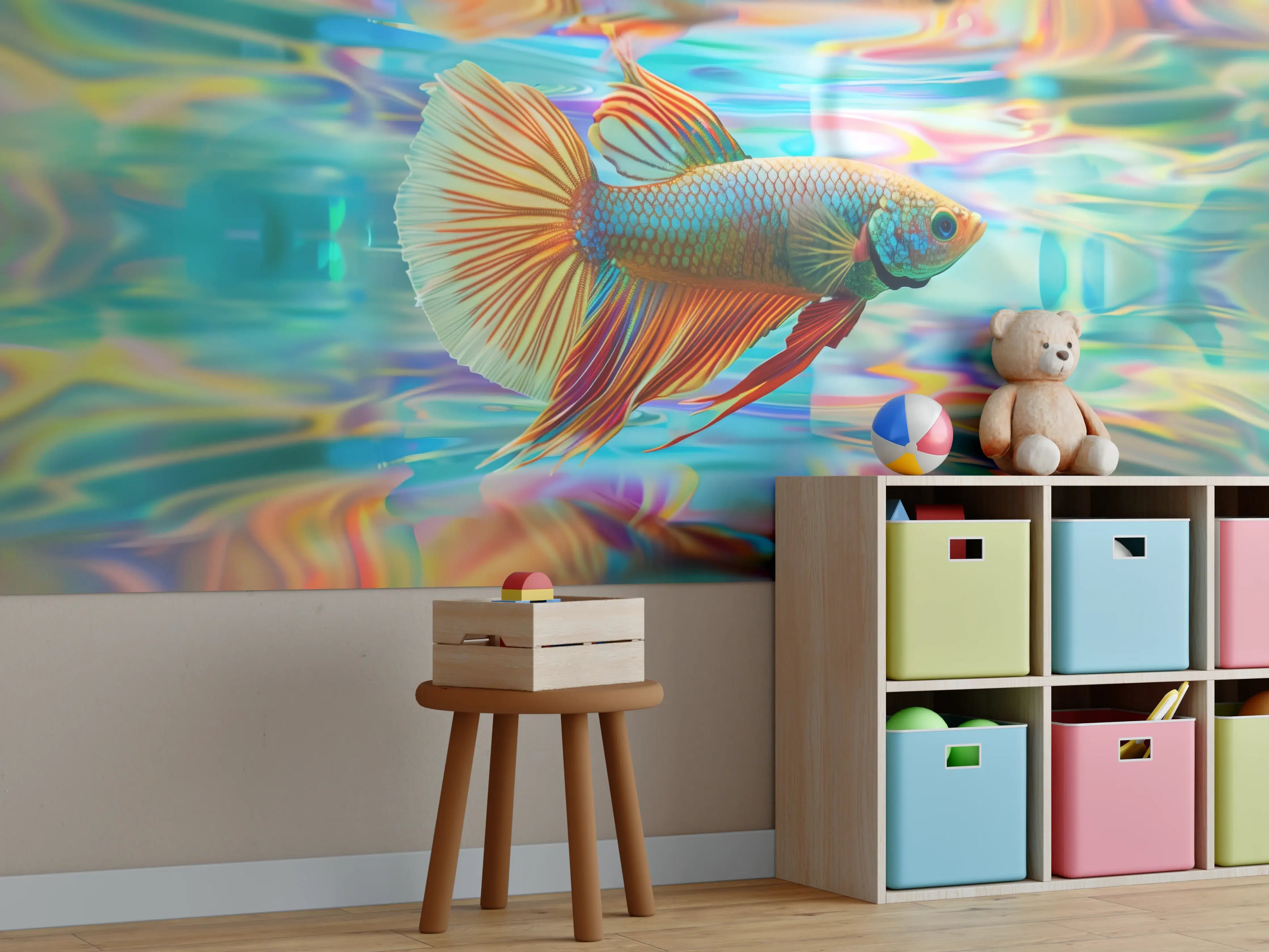 Kinderzimmer Wandgestaltung - Bunter Betta-Fisch Türkis-Orange