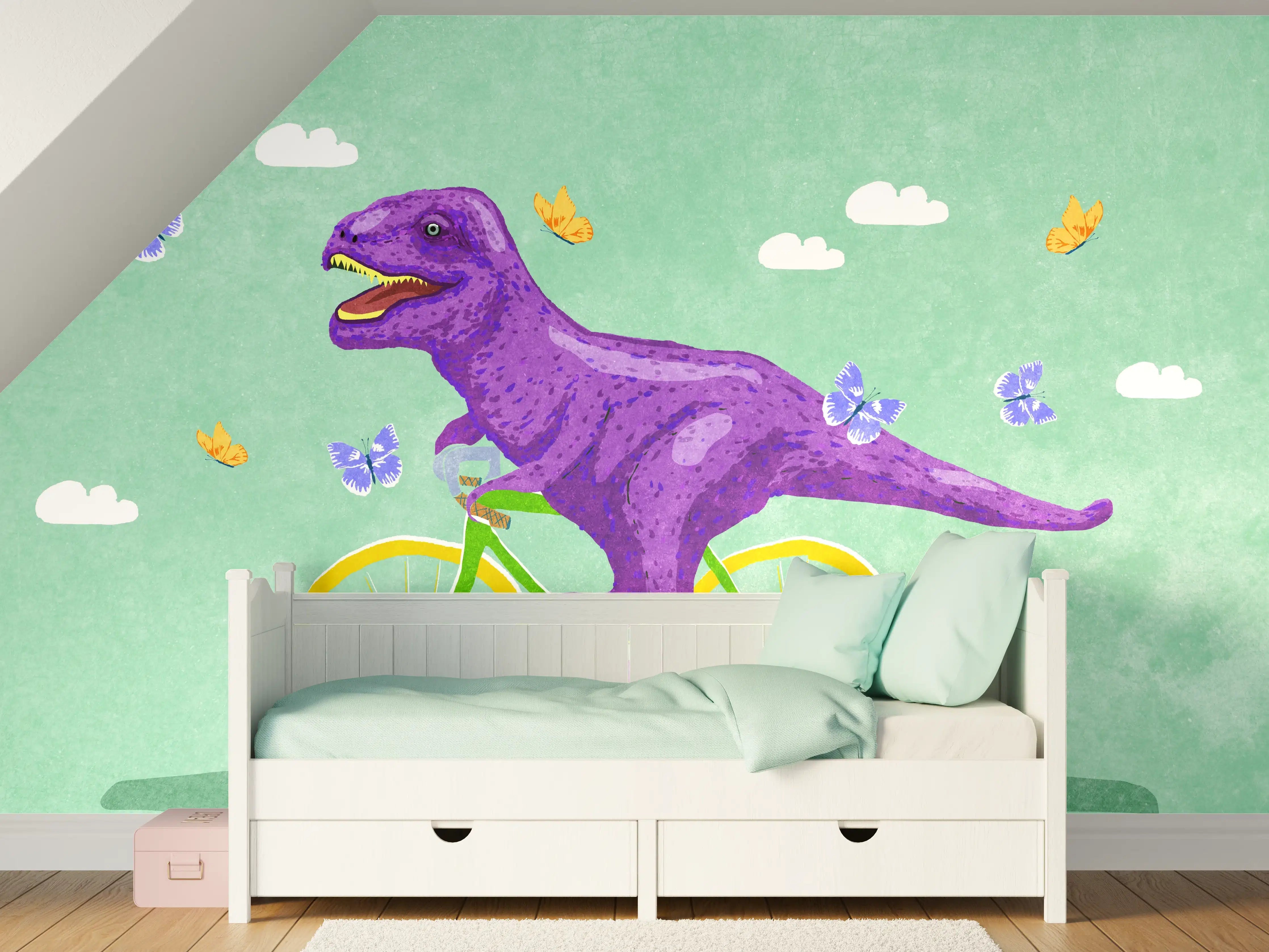 Kinderzimmer Wandgestaltung - Bunter Dino auf Fahrrad