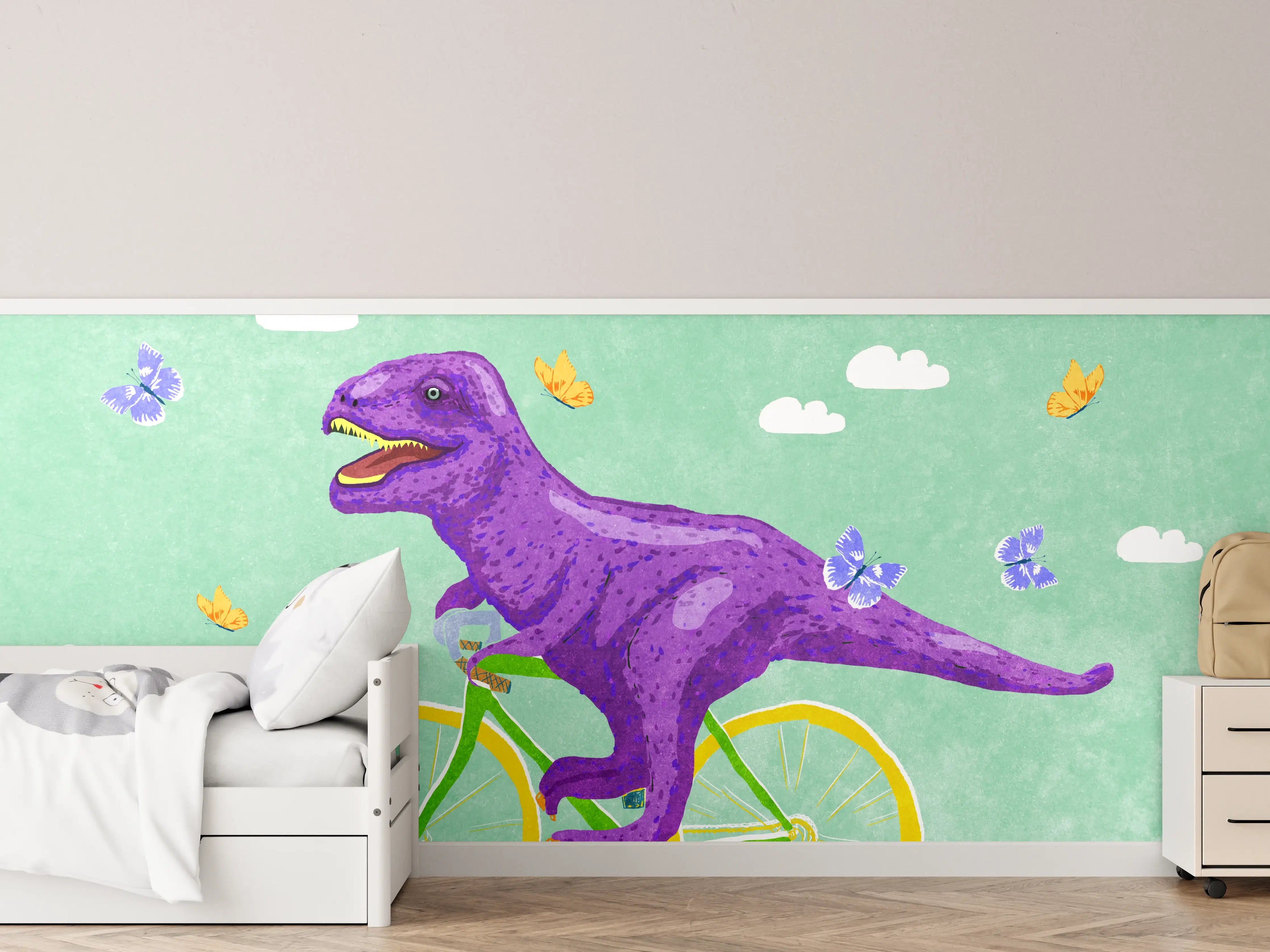 Kinderzimmer Wandgestaltung - Bunter Dino auf Fahrrad