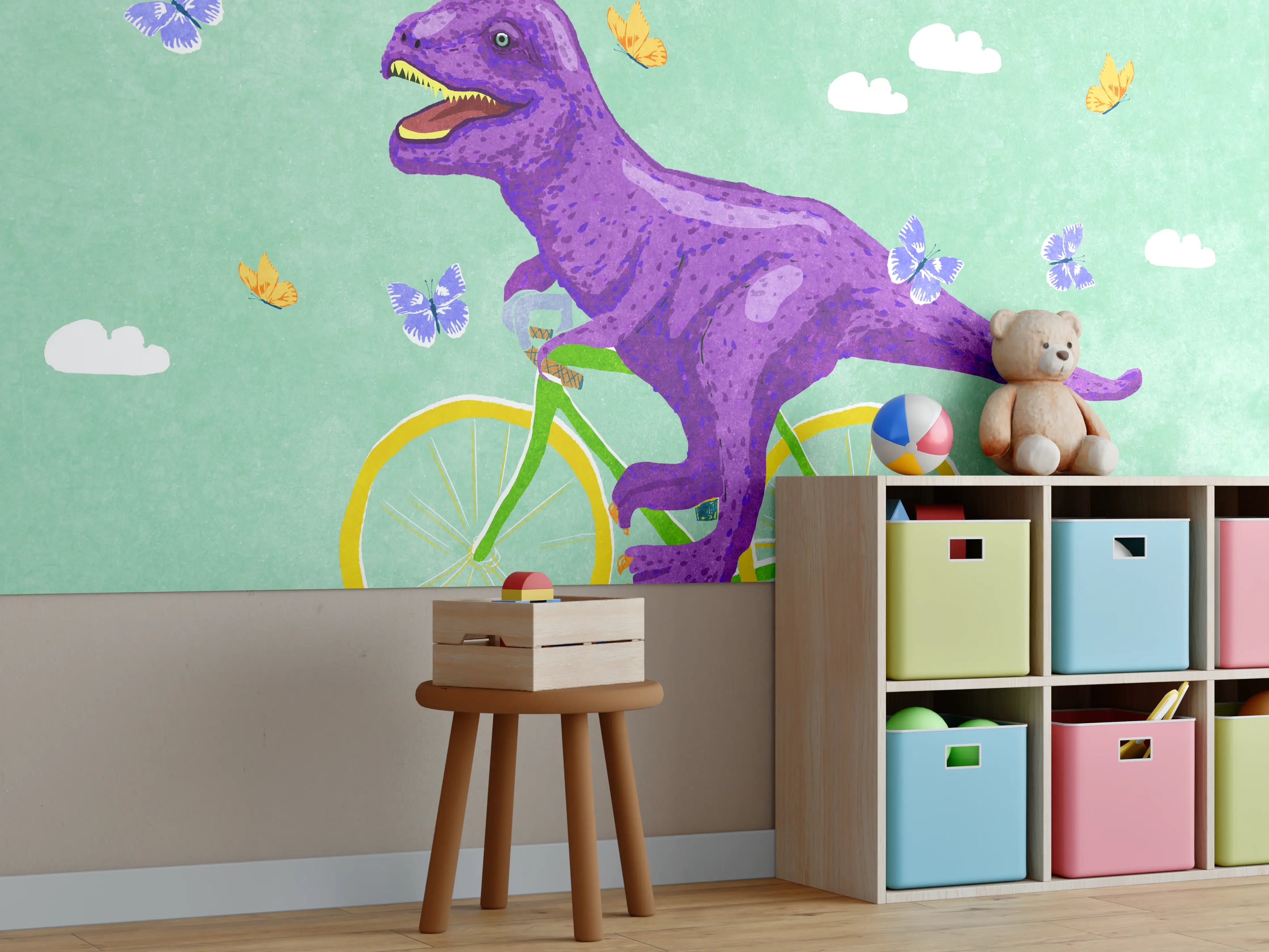 Kinderzimmer Wandgestaltung - Bunter Dino auf Fahrrad