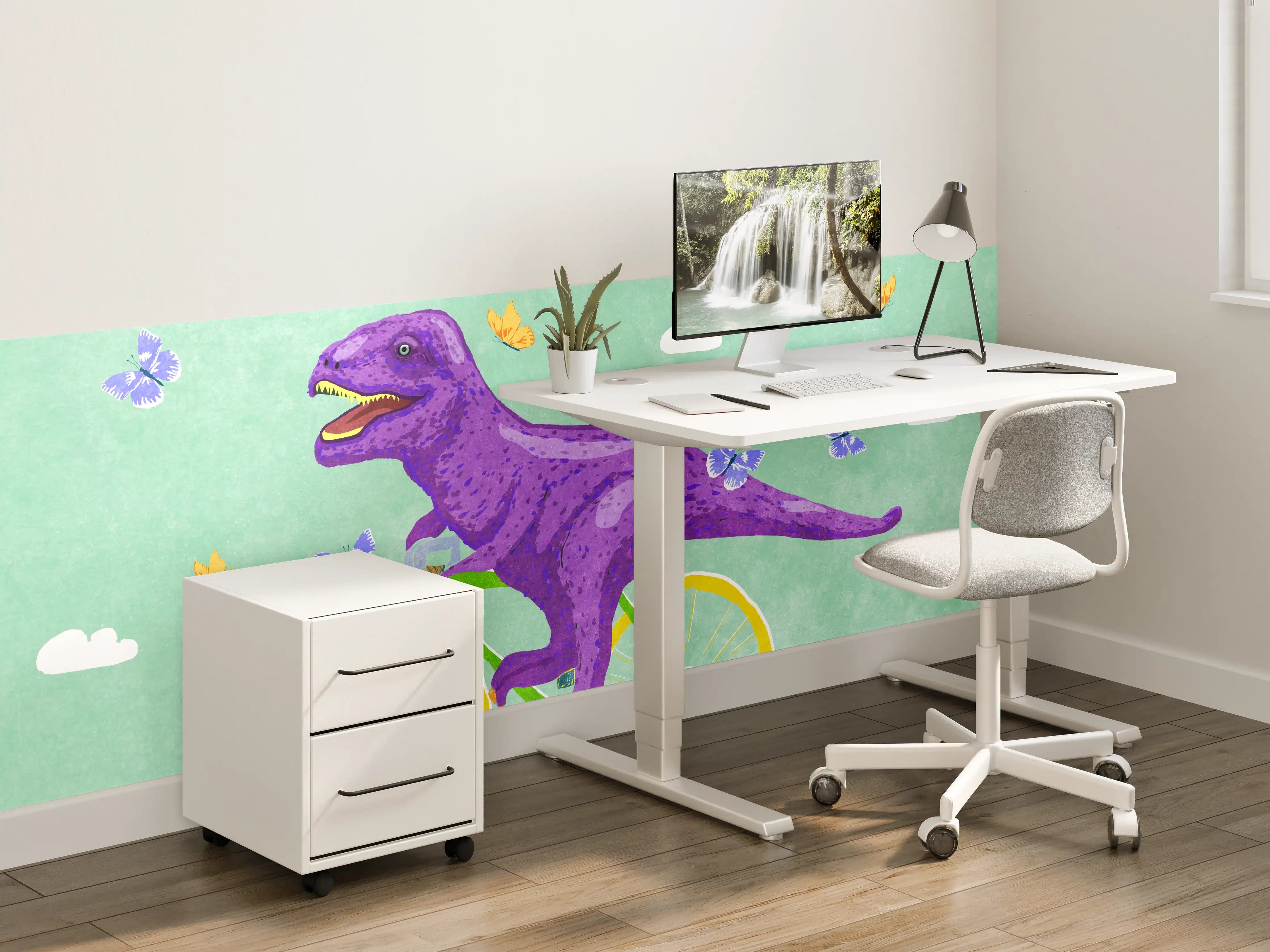 Kinderzimmer Wandgestaltung - Bunter Dino auf Fahrrad
