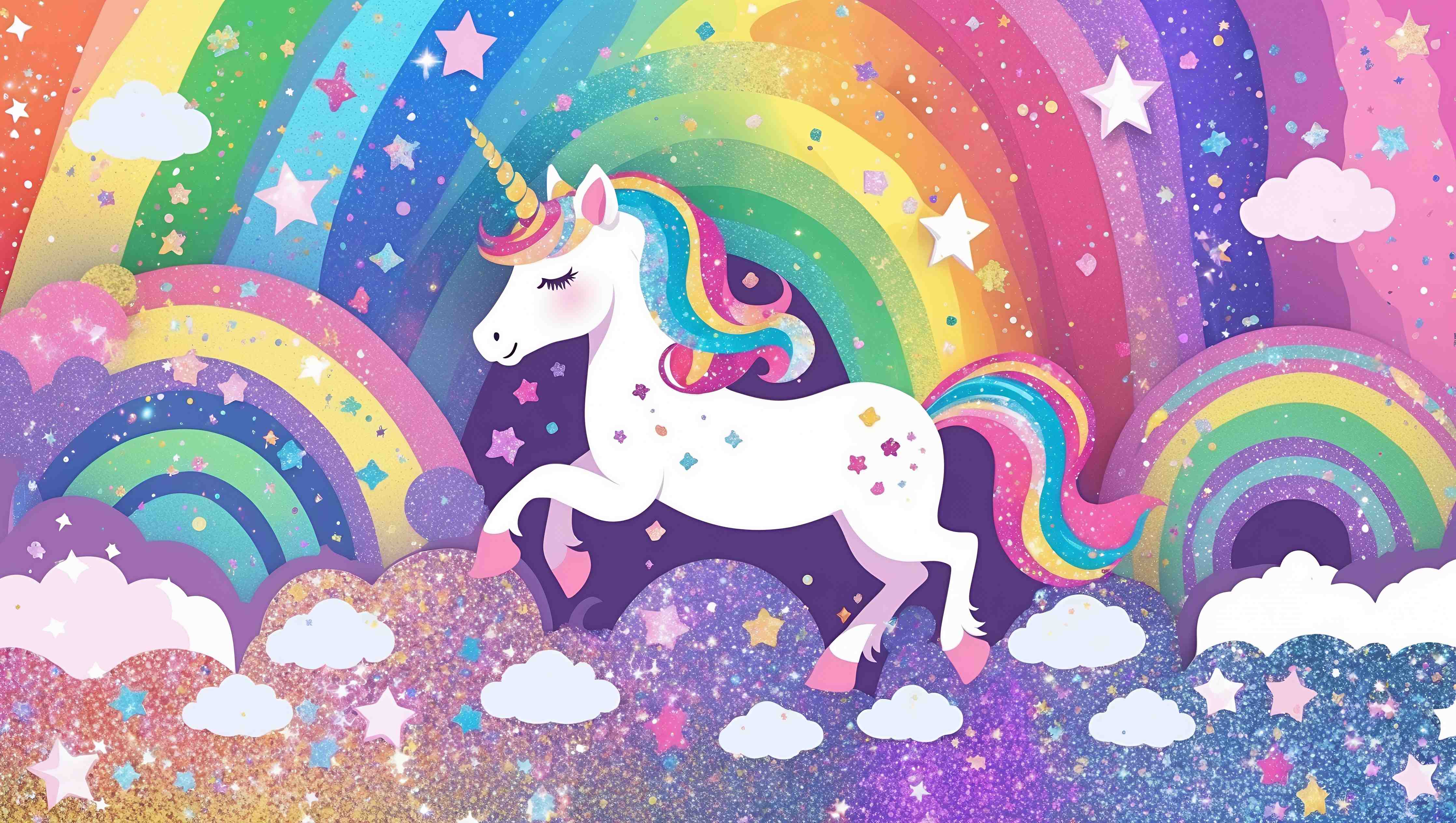 Kinderzimmer Wandgestaltung-Bunter Einhorn mit Regenbogen-Hintergrund