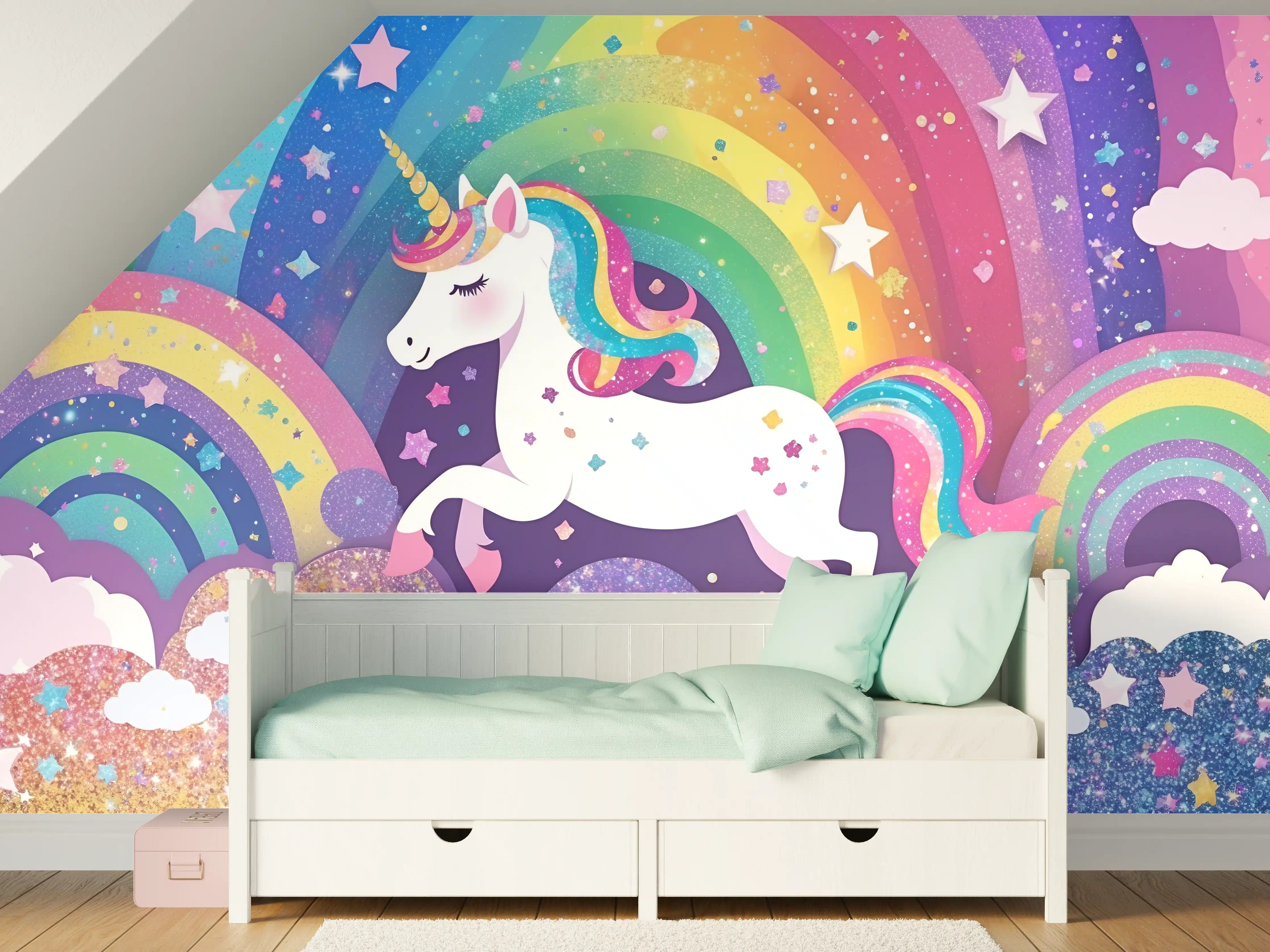 Kinderzimmer Wandgestaltung - Bunter Einhorn mit Regenbogen-Hintergrund