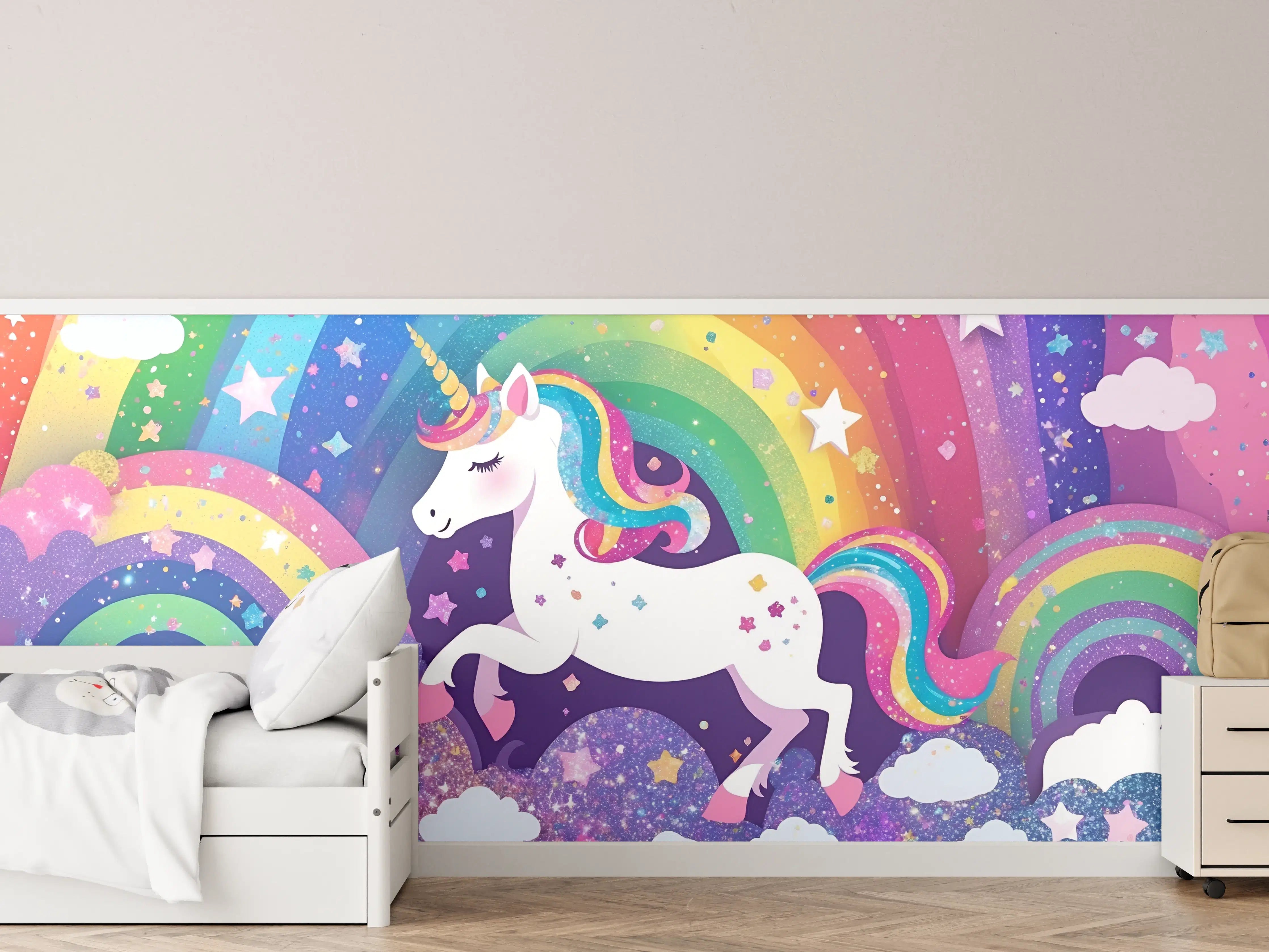 Kinderzimmer Wandgestaltung - Bunter Einhorn mit Regenbogen-Hintergrund