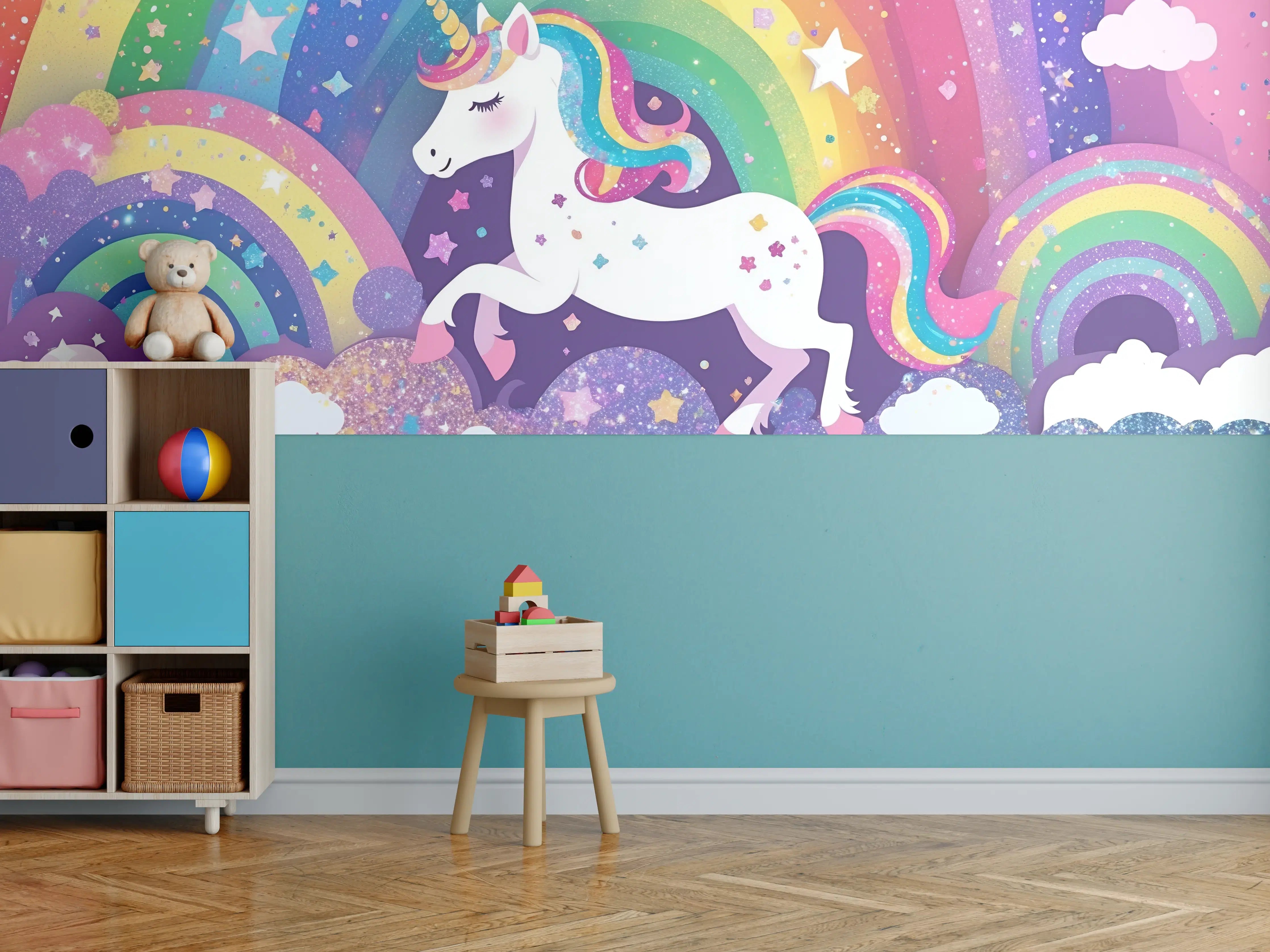 Kinderzimmer Wandgestaltung - Bunter Einhorn mit Regenbogen-Hintergrund