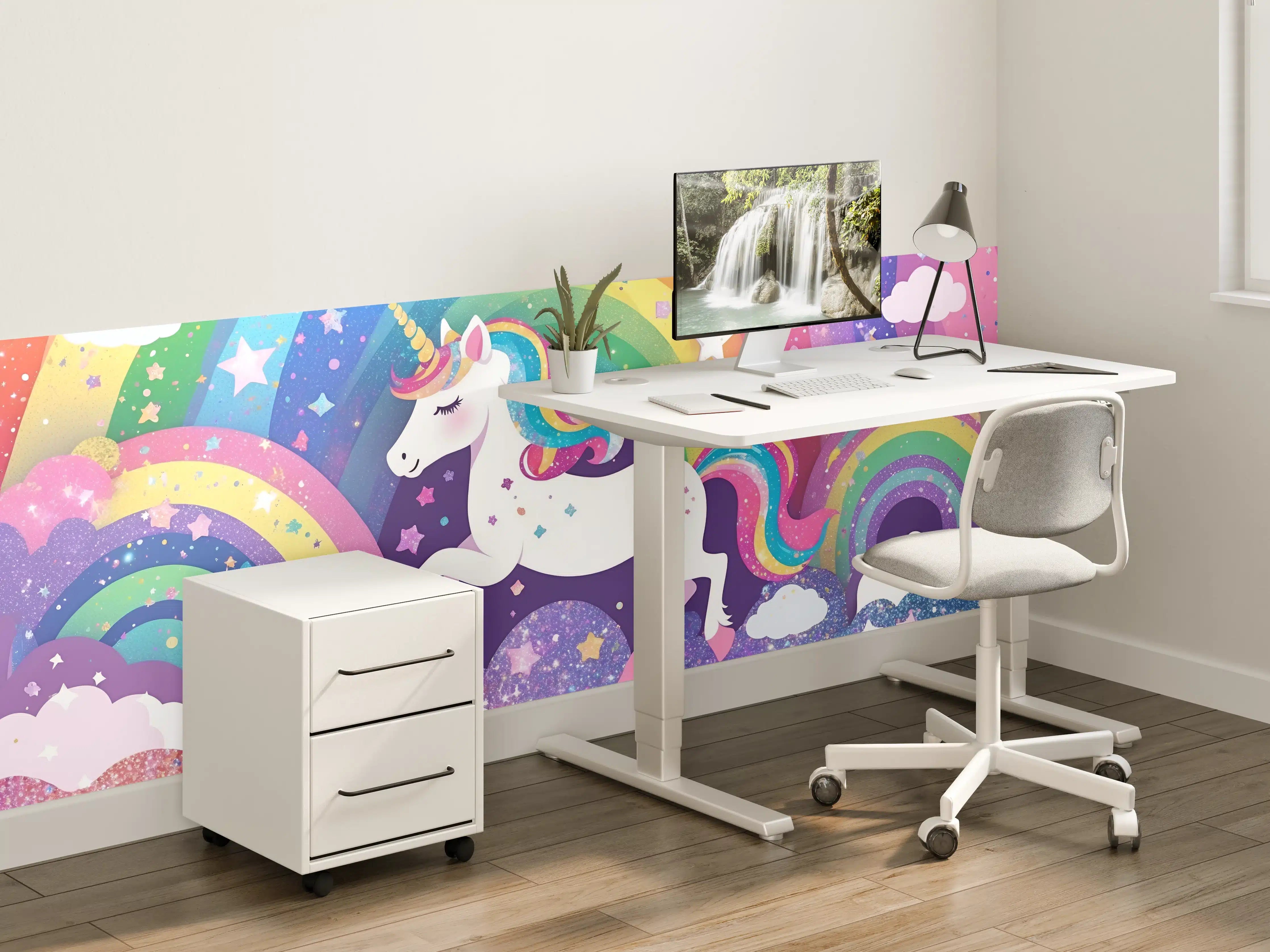 Kinderzimmer Wandgestaltung - Bunter Einhorn mit Regenbogen-Hintergrund